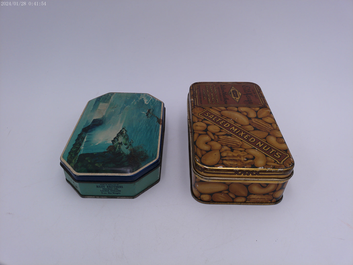 Antique Tin Box Old KEMP'S Salted Mixed Nuts Niagara Falls Riley's Toffee Candy Tin