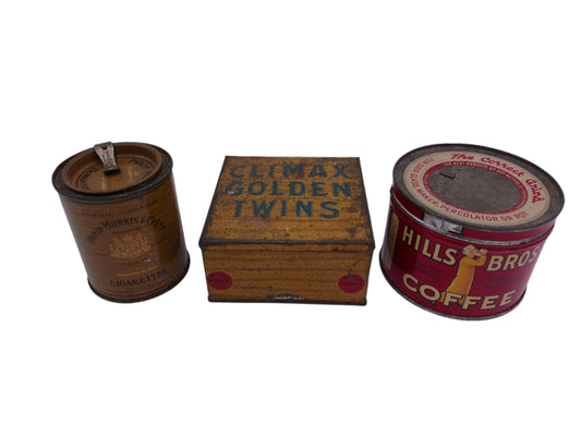 3 Vintage tins PHILLIP MORRIS & Co Climax Golden Twins Hills Bros Coffee