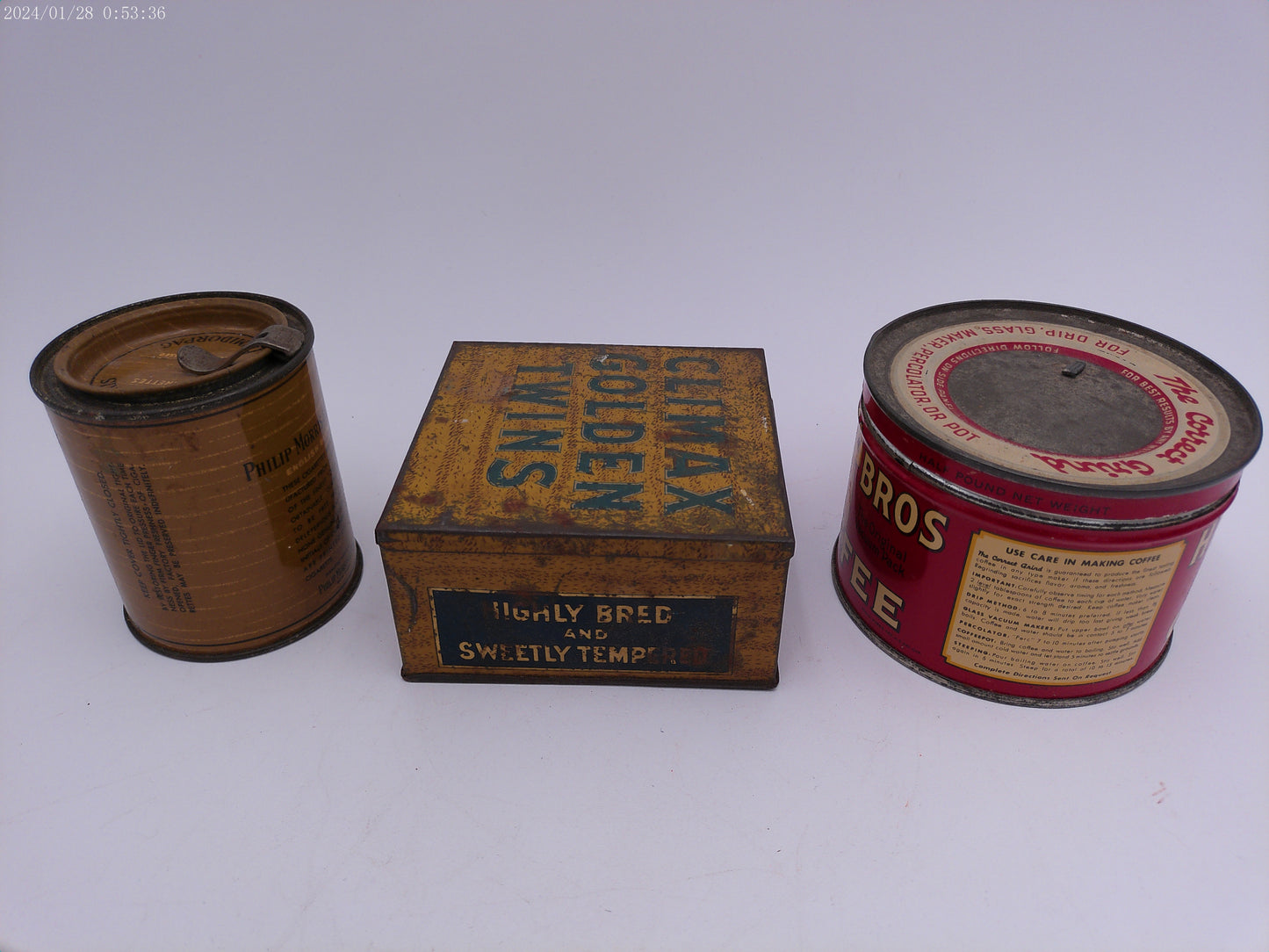 3 Vintage tins PHILLIP MORRIS & Co Climax Golden Twins Hills Bros Coffee