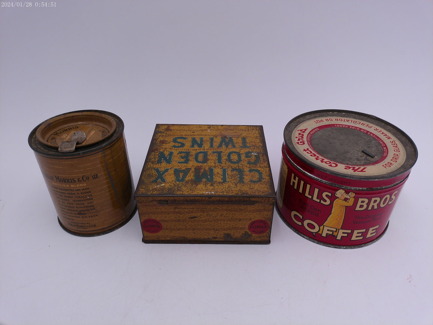 3 Vintage tins PHILLIP MORRIS & Co Climax Golden Twins Hills Bros Coffee