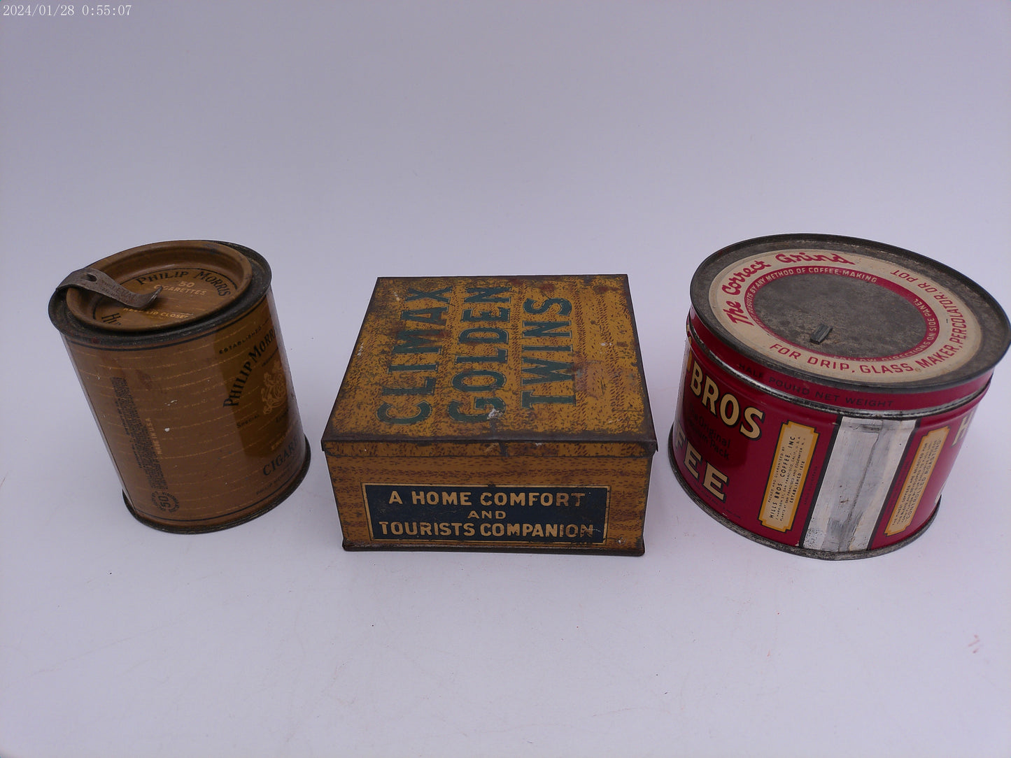 3 Vintage tins PHILLIP MORRIS & Co Climax Golden Twins Hills Bros Coffee