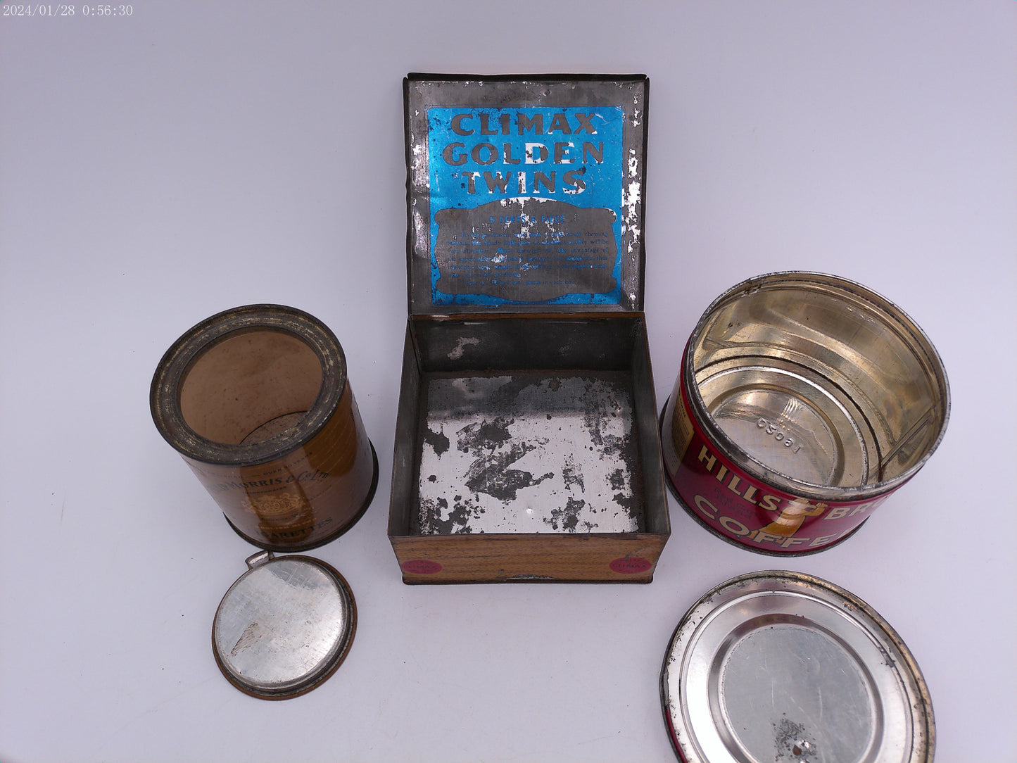 3 Vintage tins PHILLIP MORRIS & Co Climax Golden Twins Hills Bros Coffee