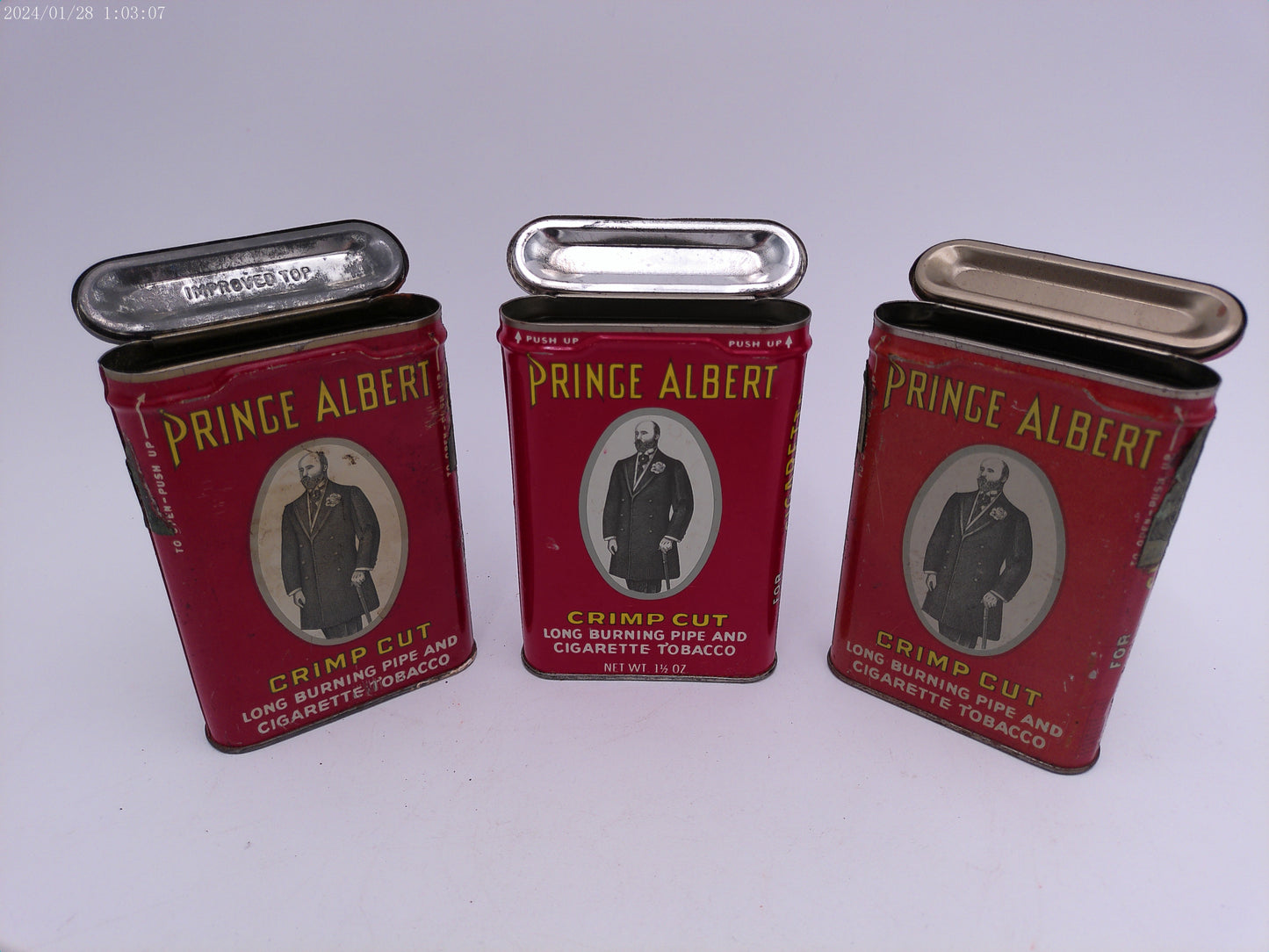 Vintage circa 1950-1960 Prince Albert Crimp Cut tobacco tin Lot of 3
