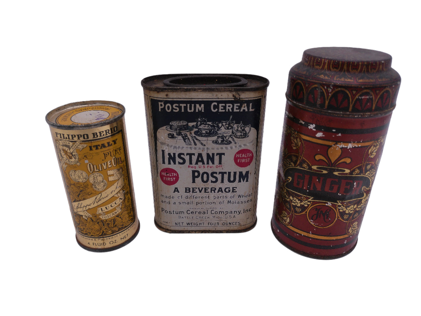 Lot 3 of Vintage Cans Ginger Instant Postum Filippo Berio Olive Oil
