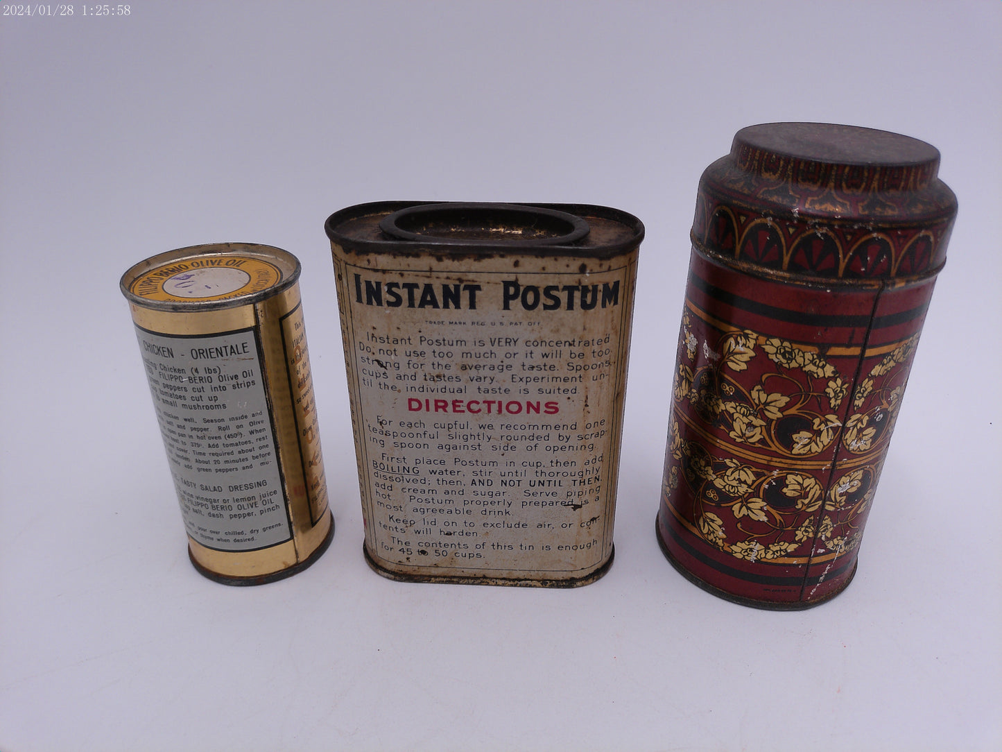 Lot 3 of Vintage Cans Ginger Instant Postum Filippo Berio Olive Oil