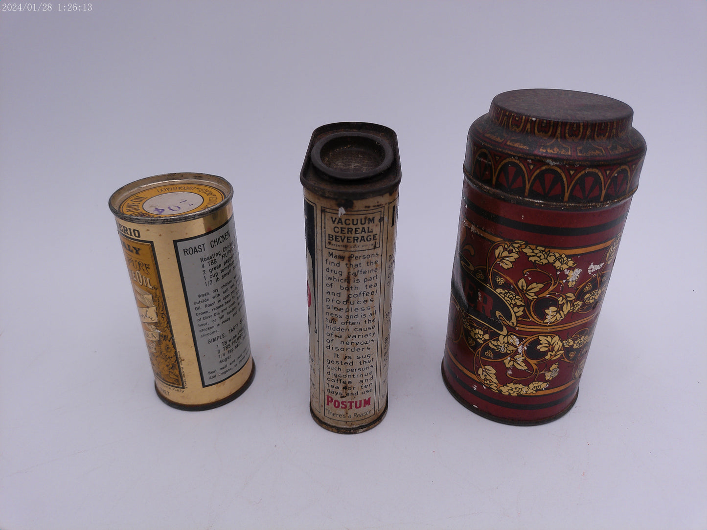 Lot 3 of Vintage Cans Ginger Instant Postum Filippo Berio Olive Oil