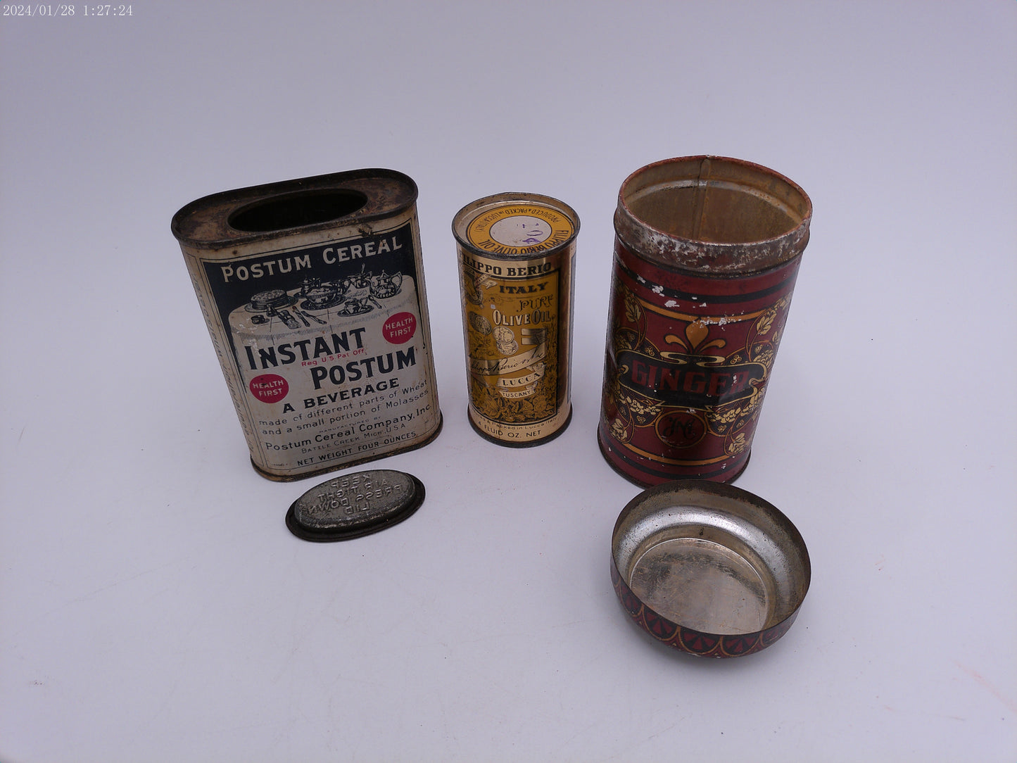 Lot 3 of Vintage Cans Ginger Instant Postum Filippo Berio Olive Oil