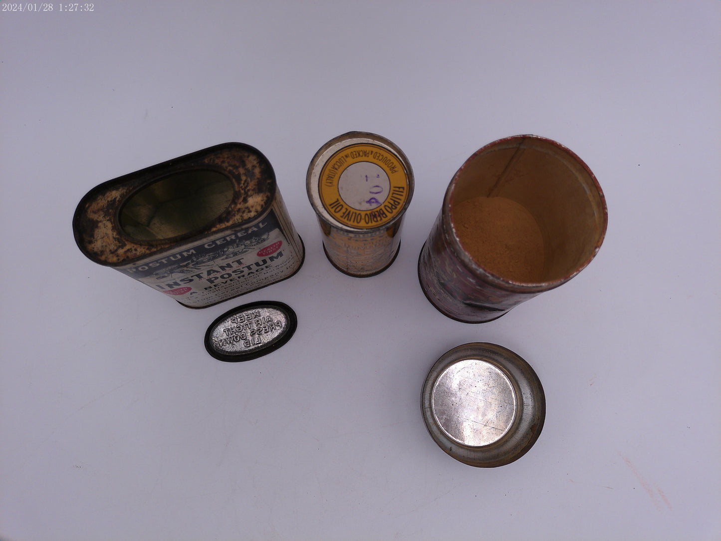 Lot 3 of Vintage Cans Ginger Instant Postum Filippo Berio Olive Oil