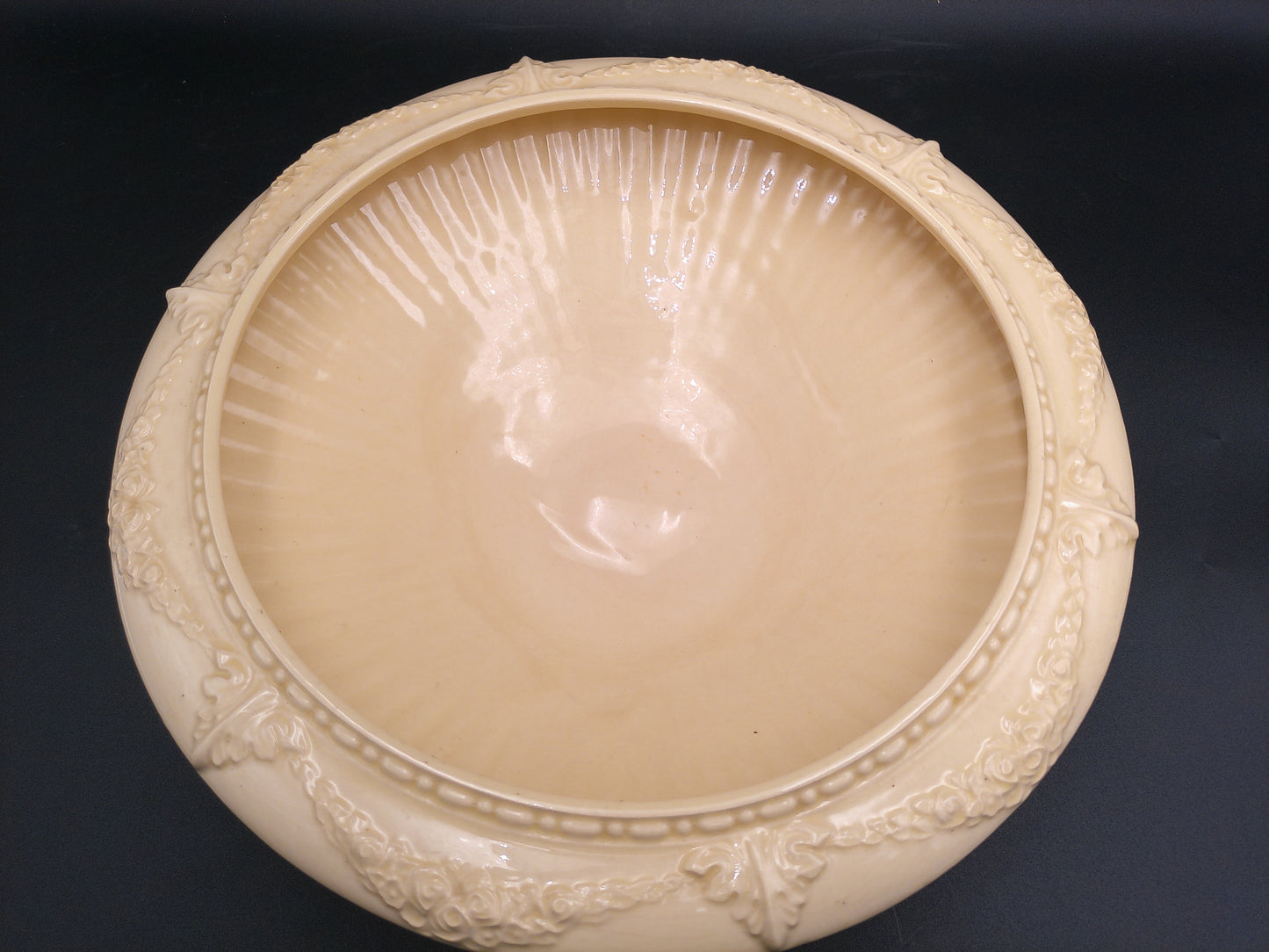 Ceramic Cream Ribbed Floral Rim Bowl Vintage