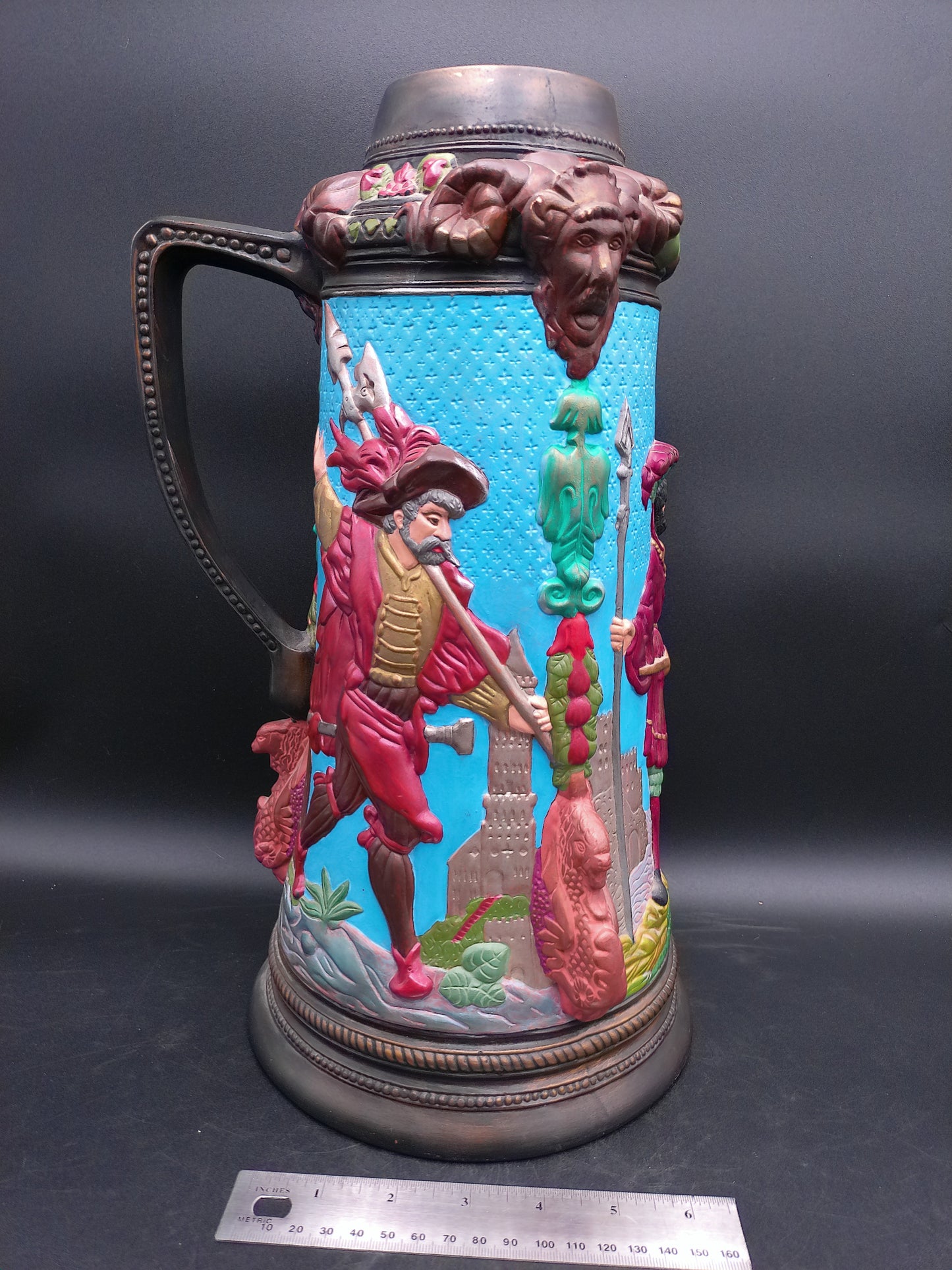Beer Stein Large Ceramic with Medieval Knights Castles Signed by Mary Murphy