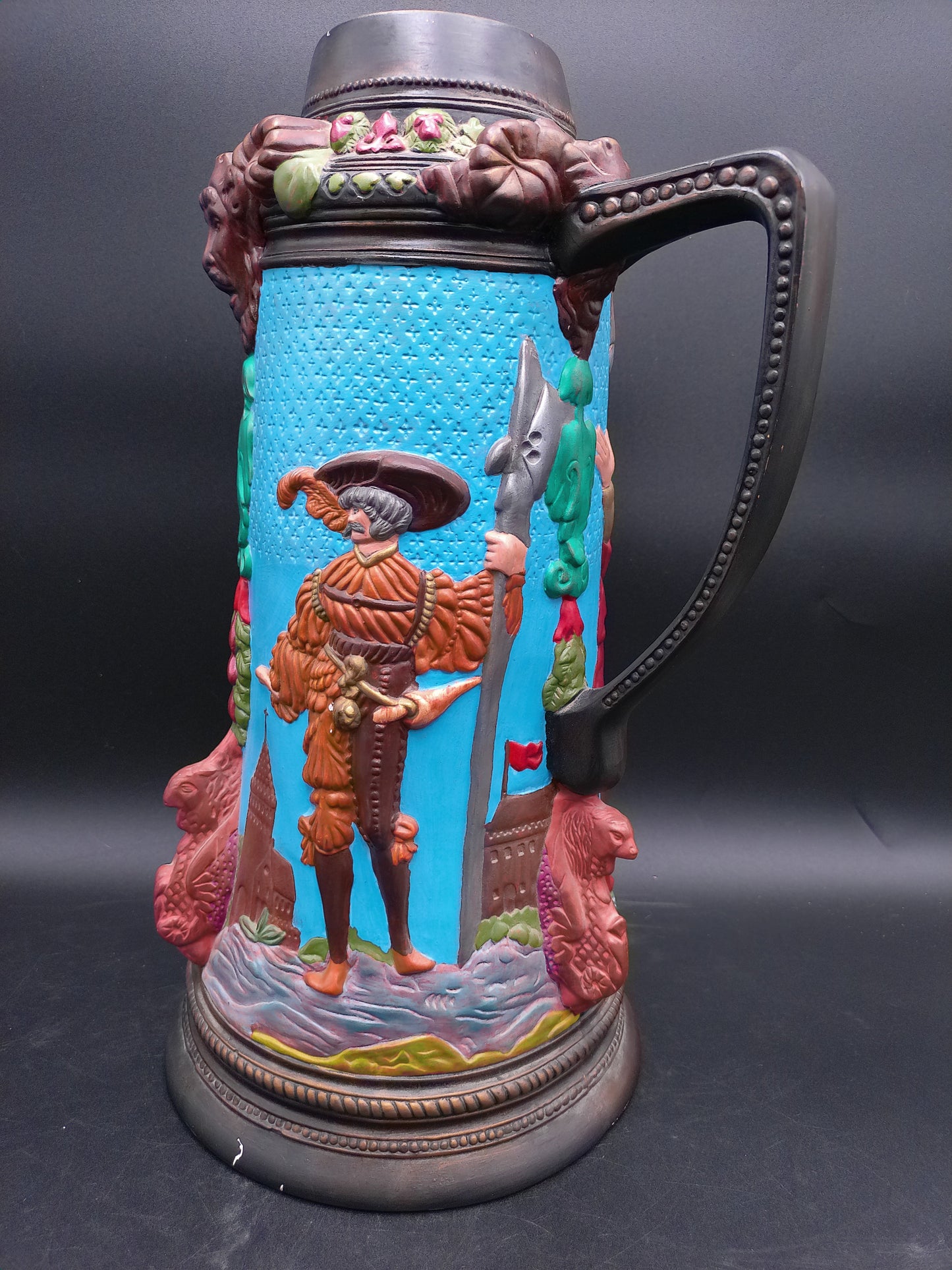 Beer Stein Large Ceramic with Medieval Knights Castles Signed by Mary Murphy