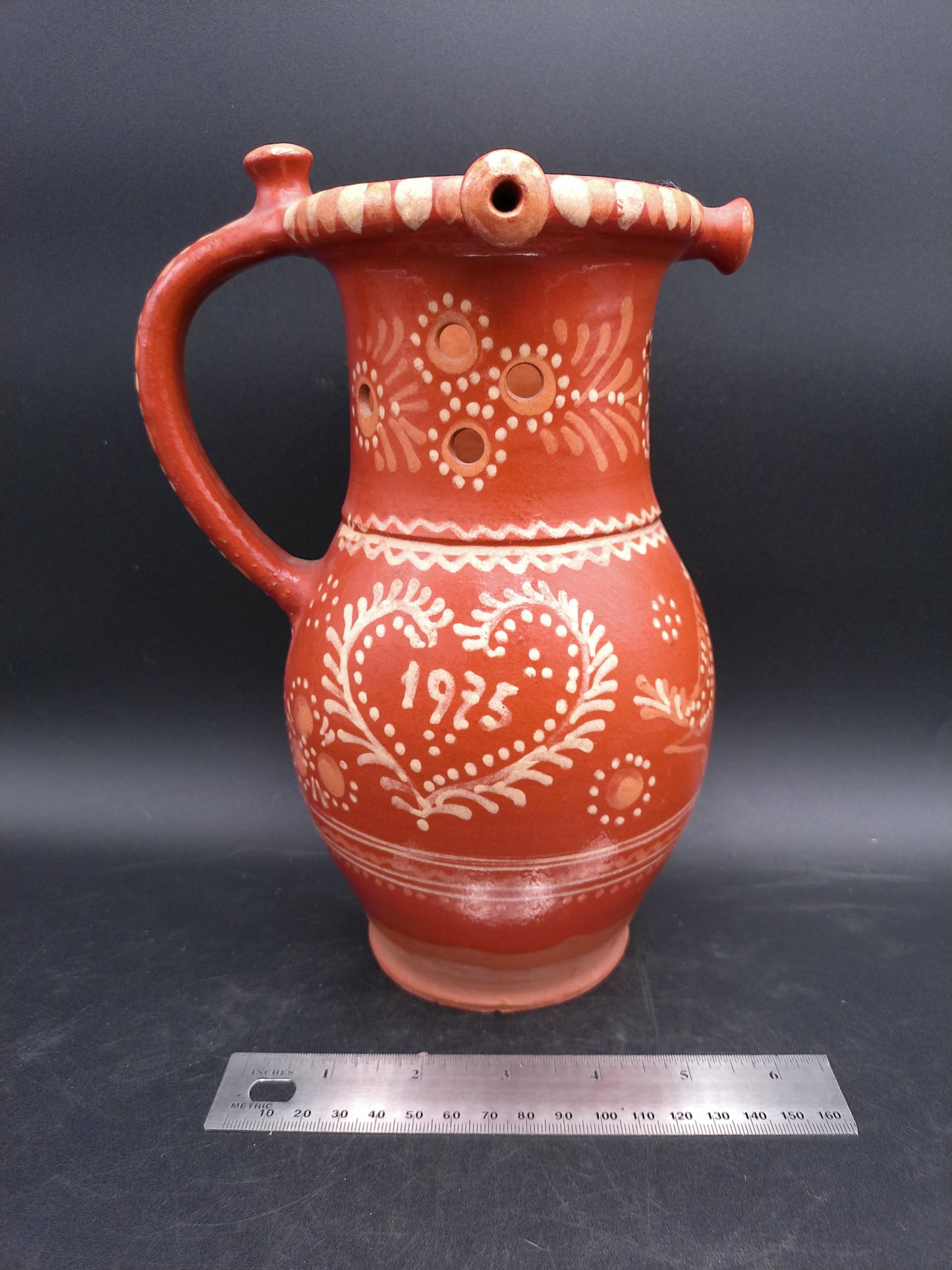 Clay Pitcher made in 1975 Hand Painted Floral and Heart Design