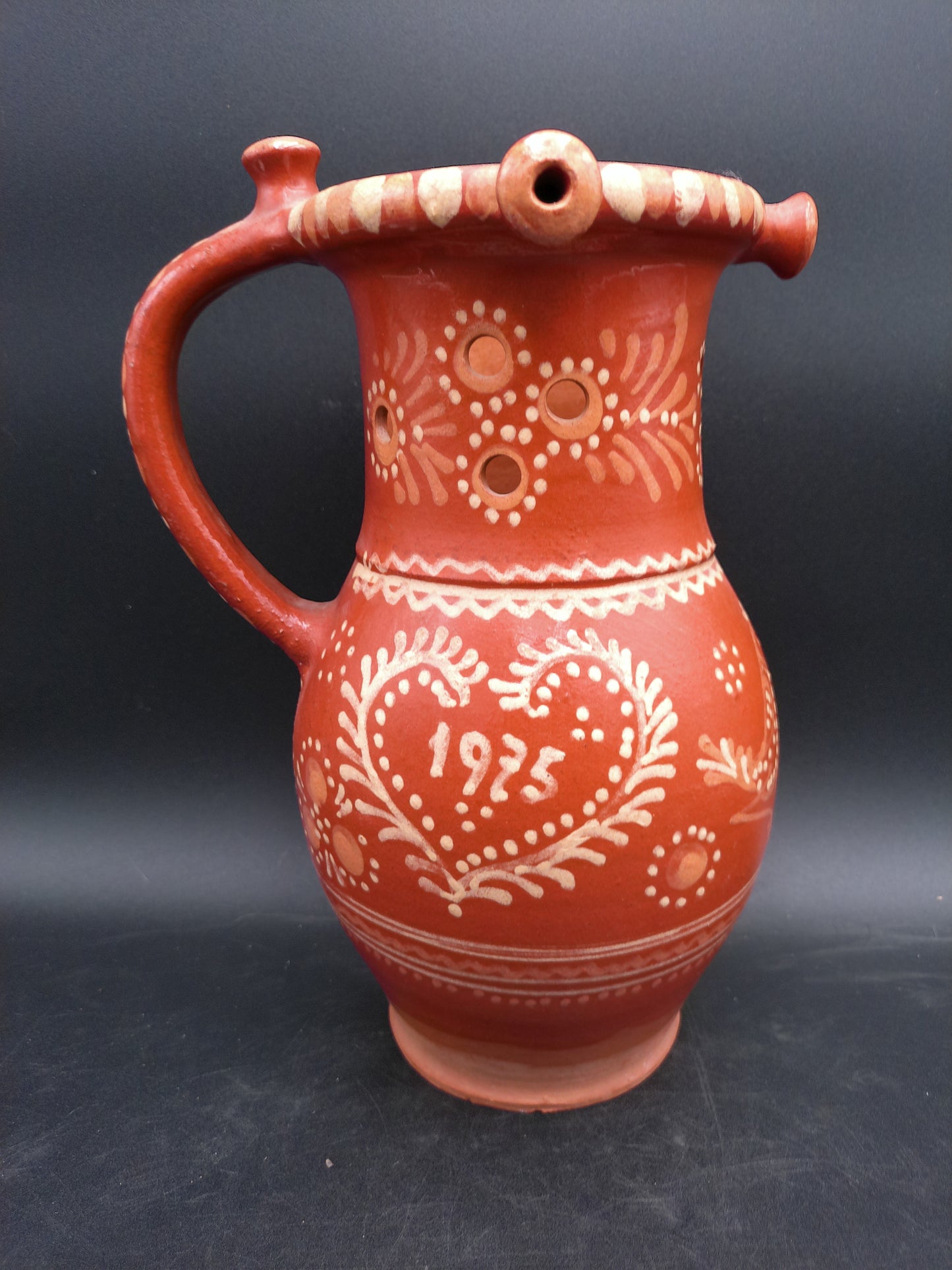 Clay Pitcher made in 1975 Hand Painted Floral and Heart Design