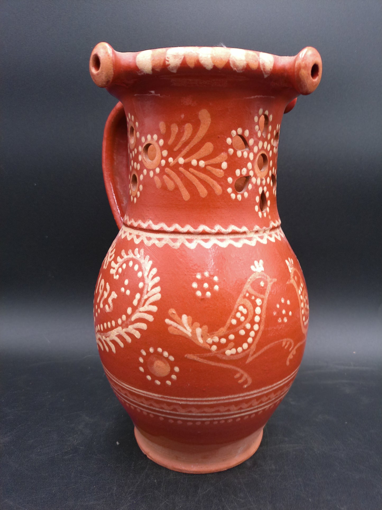 Clay Pitcher made in 1975 Hand Painted Floral and Heart Design