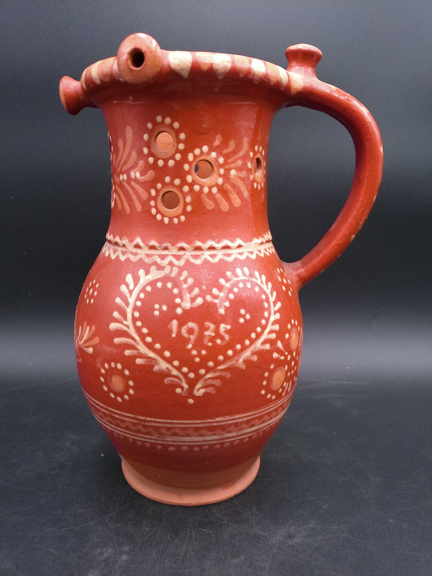 Clay Pitcher made in 1975 Hand Painted Floral and Heart Design