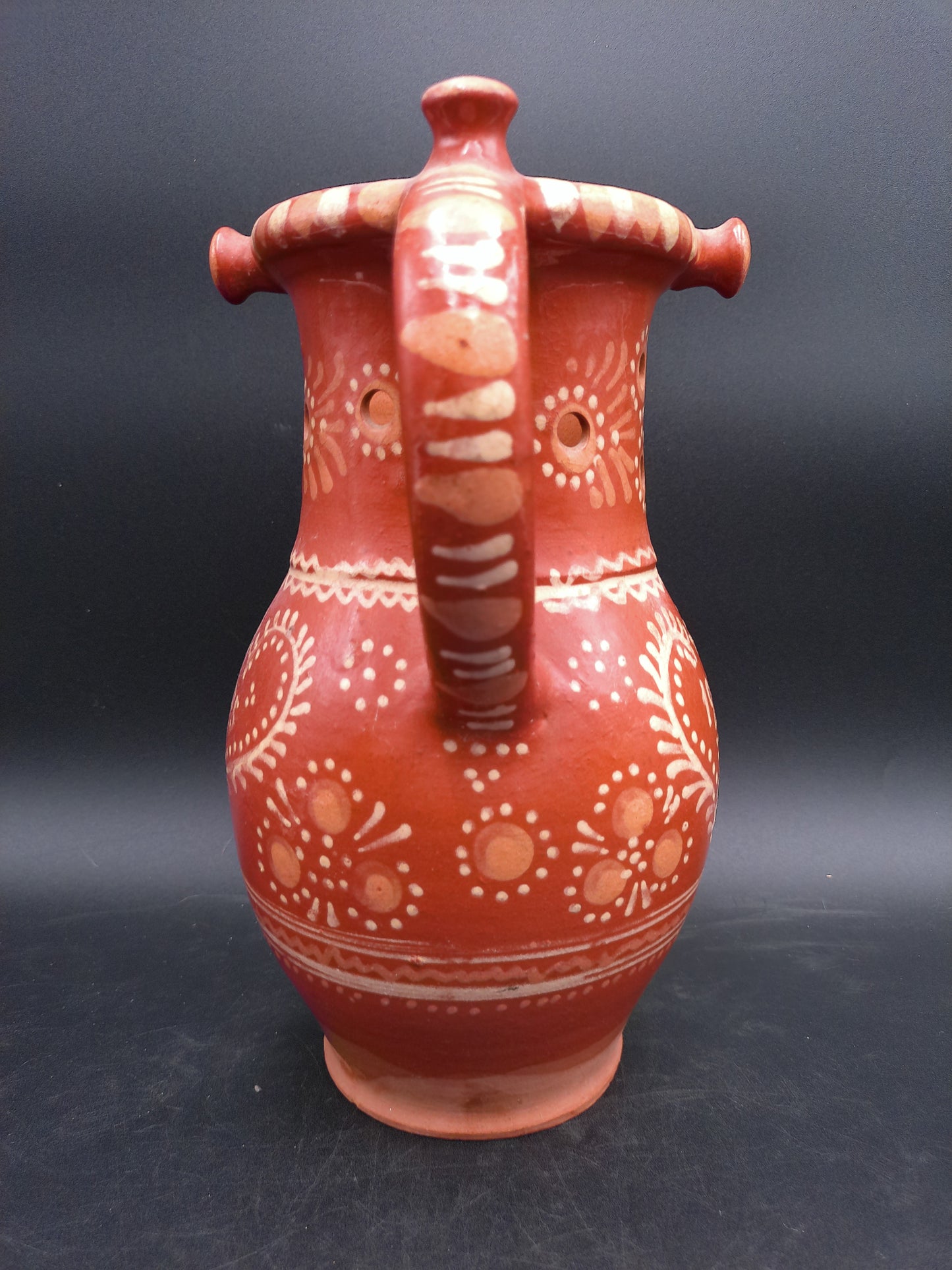Clay Pitcher made in 1975 Hand Painted Floral and Heart Design