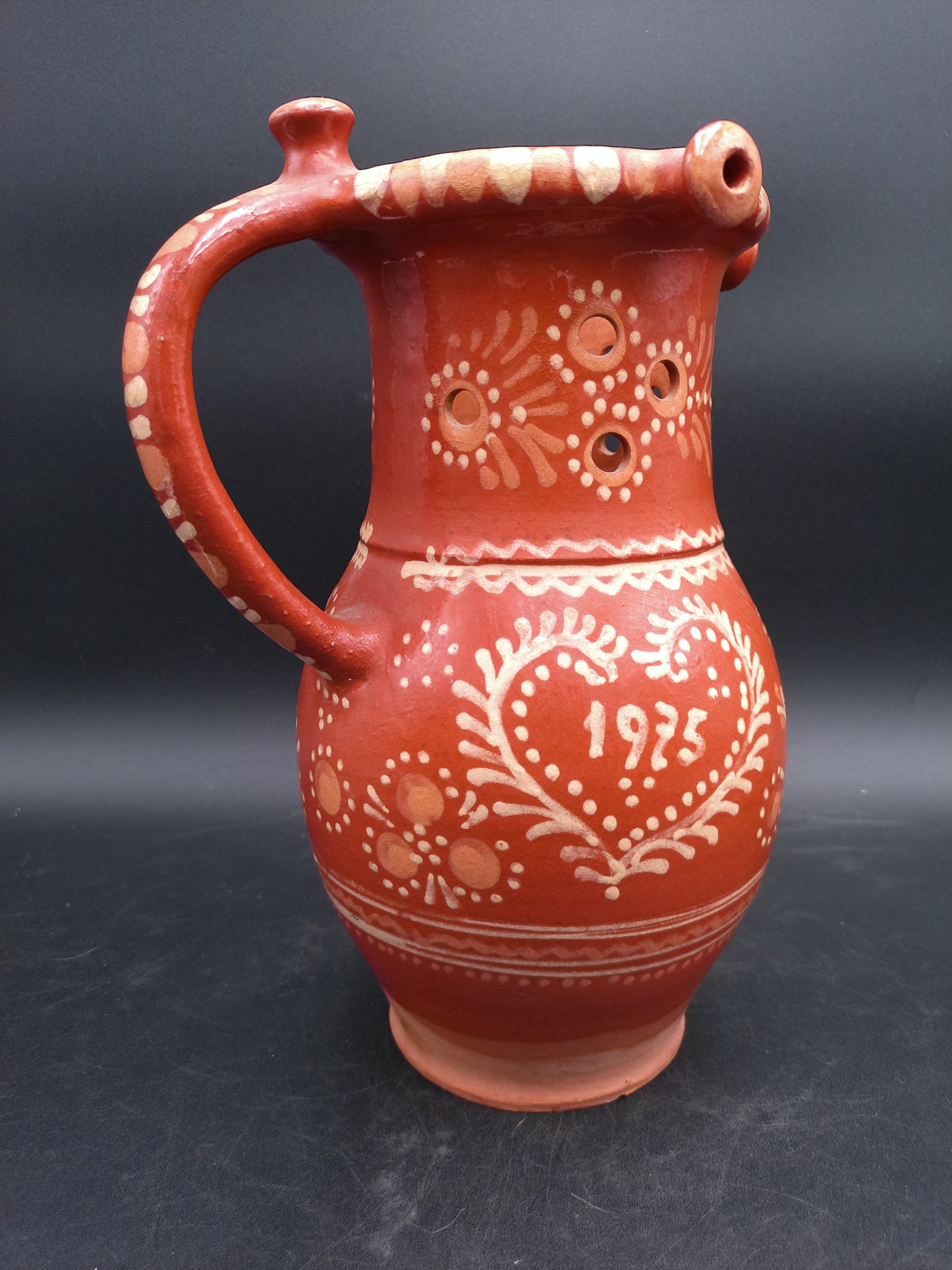Clay Pitcher made in 1975 Hand Painted Floral and Heart Design
