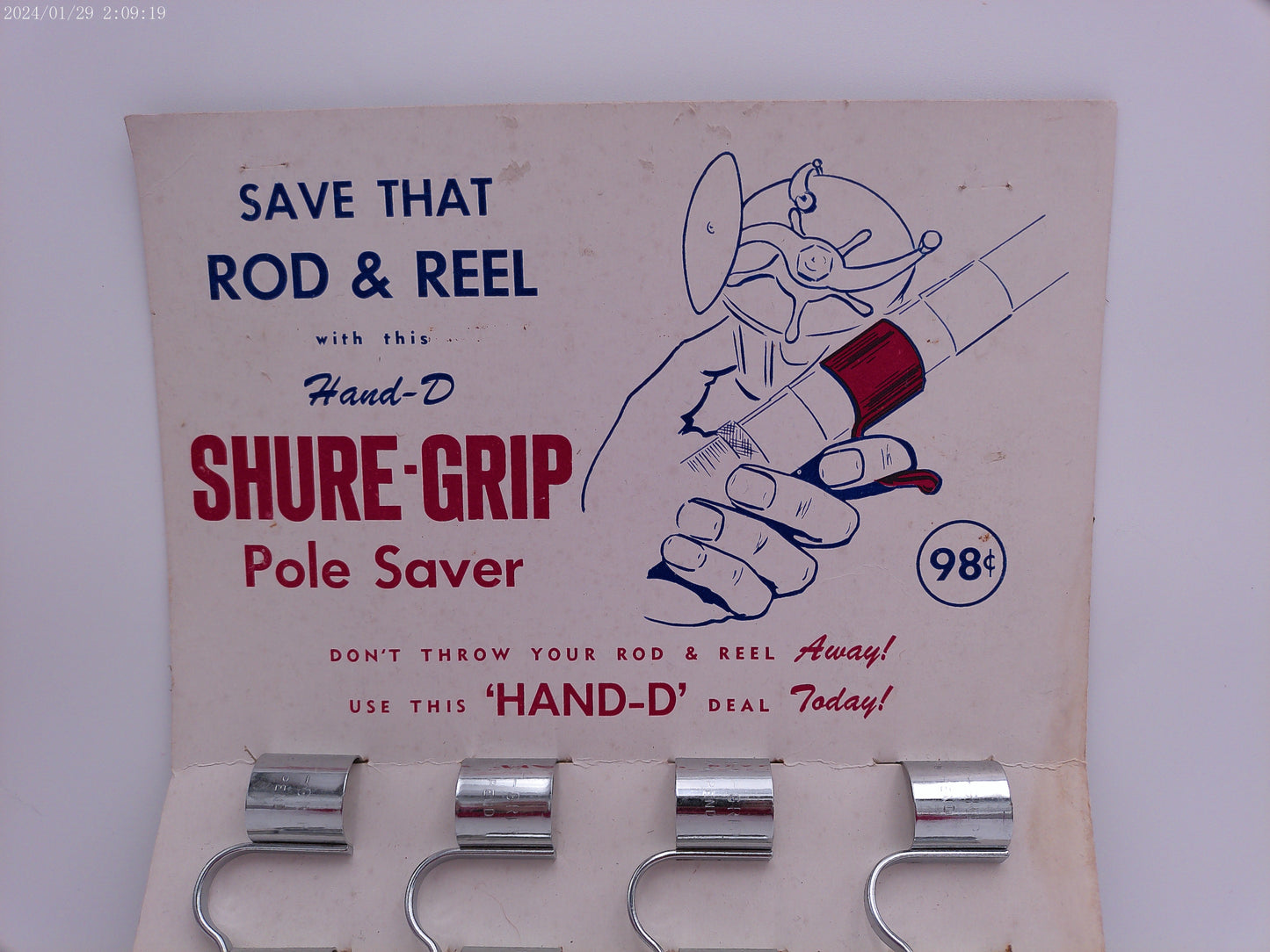 Vintage SHURE-GRIP Rod & Reel Fishing Pole Saver Store Dealer Advertising Display Card