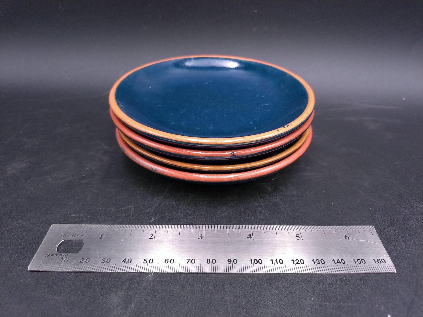 Pottery Juice Berry Blue and Orange Yellow Rim Salad Plate Set of 4 Vintage