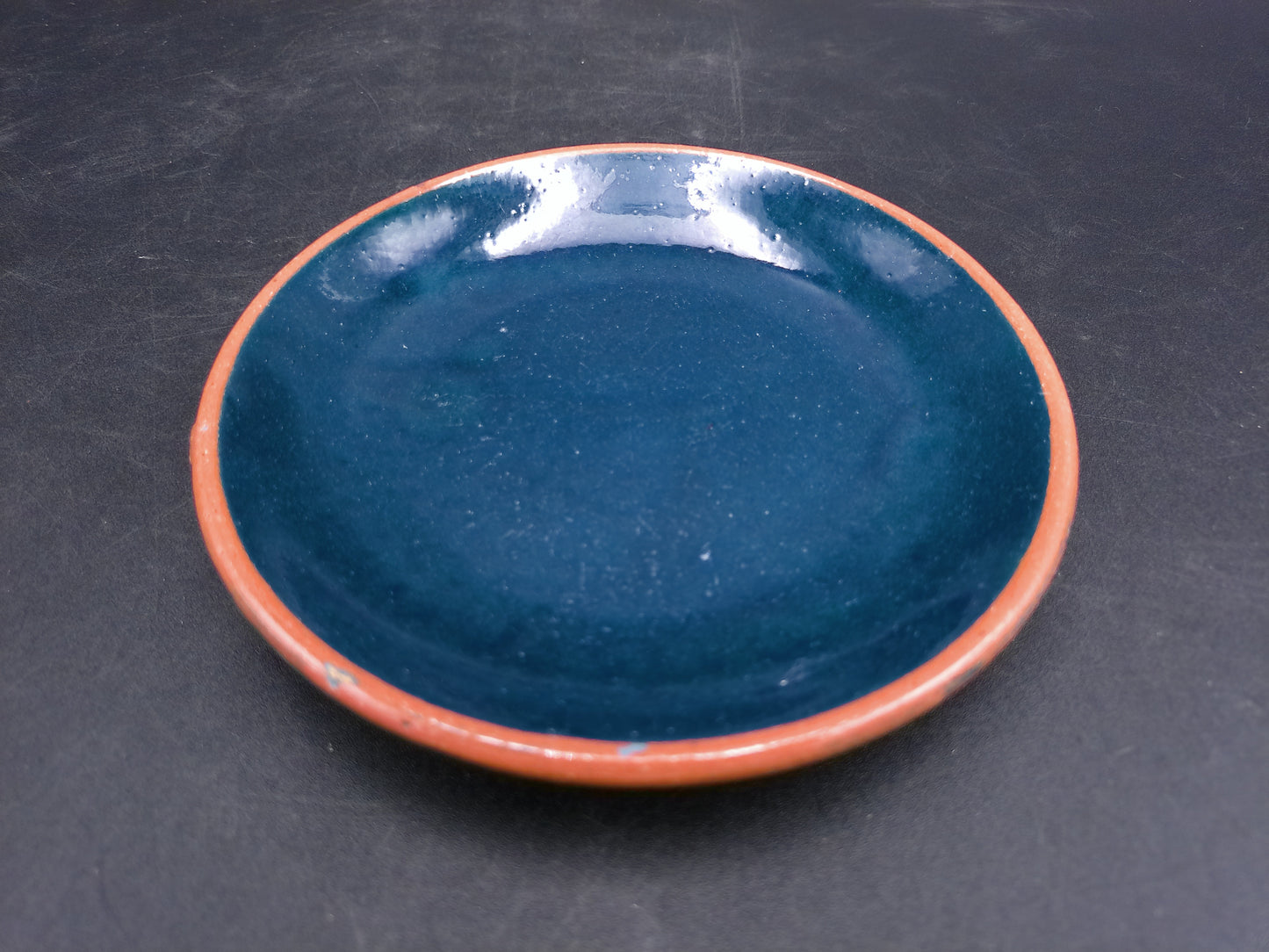 Pottery Juice Berry Blue and Orange Yellow Rim Salad Plate Set of 4 Vintage