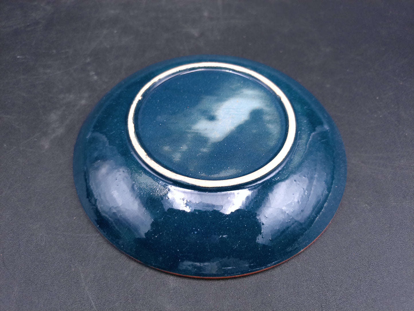 Pottery Juice Berry Blue and Orange Yellow Rim Salad Plate Set of 4 Vintage