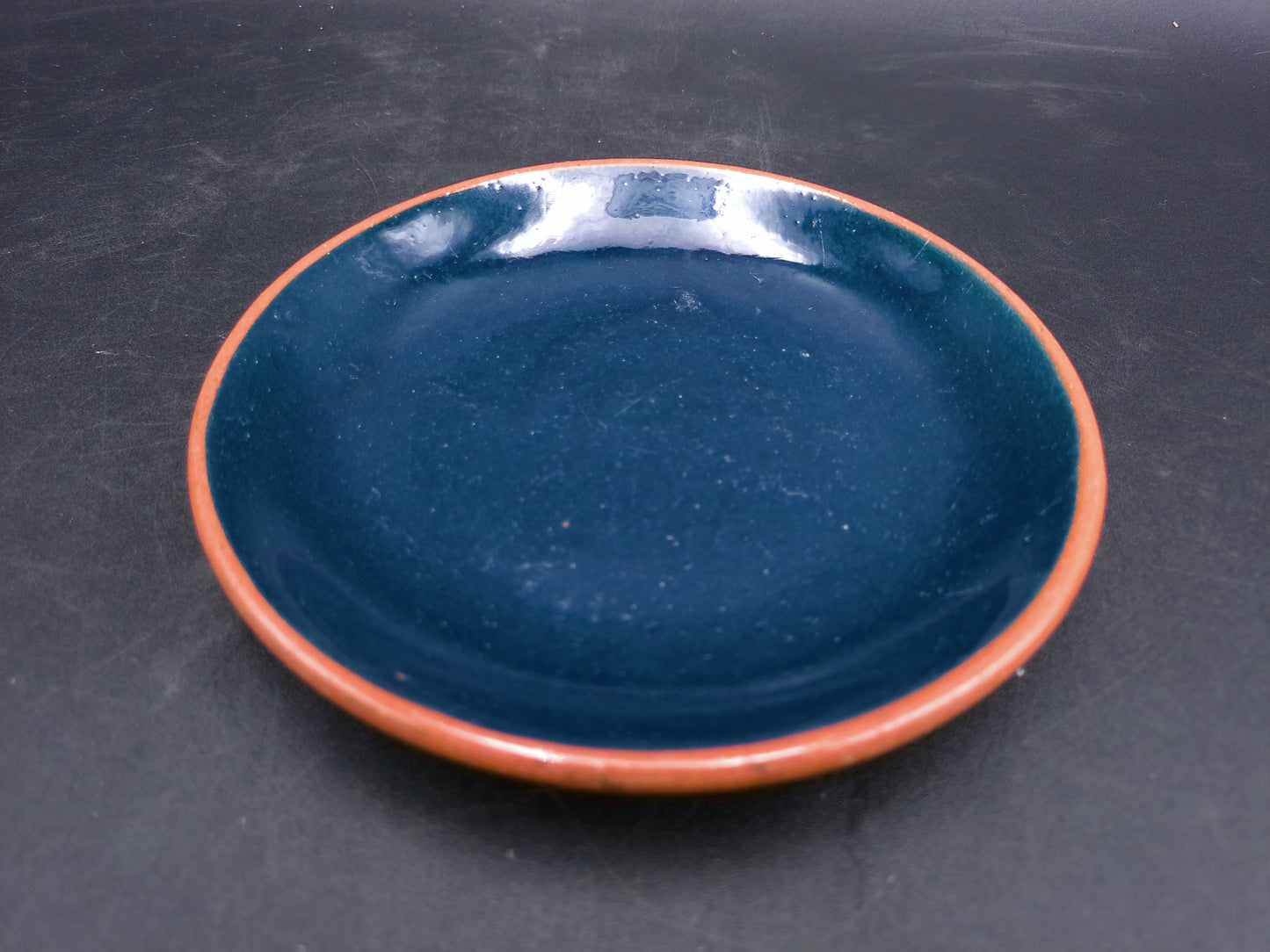 Pottery Juice Berry Blue and Orange Yellow Rim Salad Plate Set of 4 Vintage