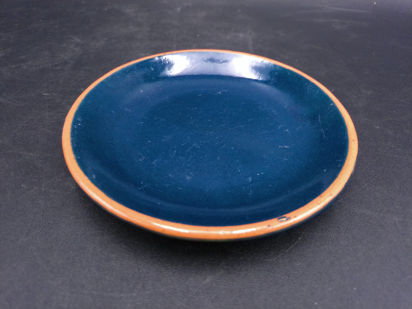 Pottery Juice Berry Blue and Orange Yellow Rim Salad Plate Set of 4 Vintage
