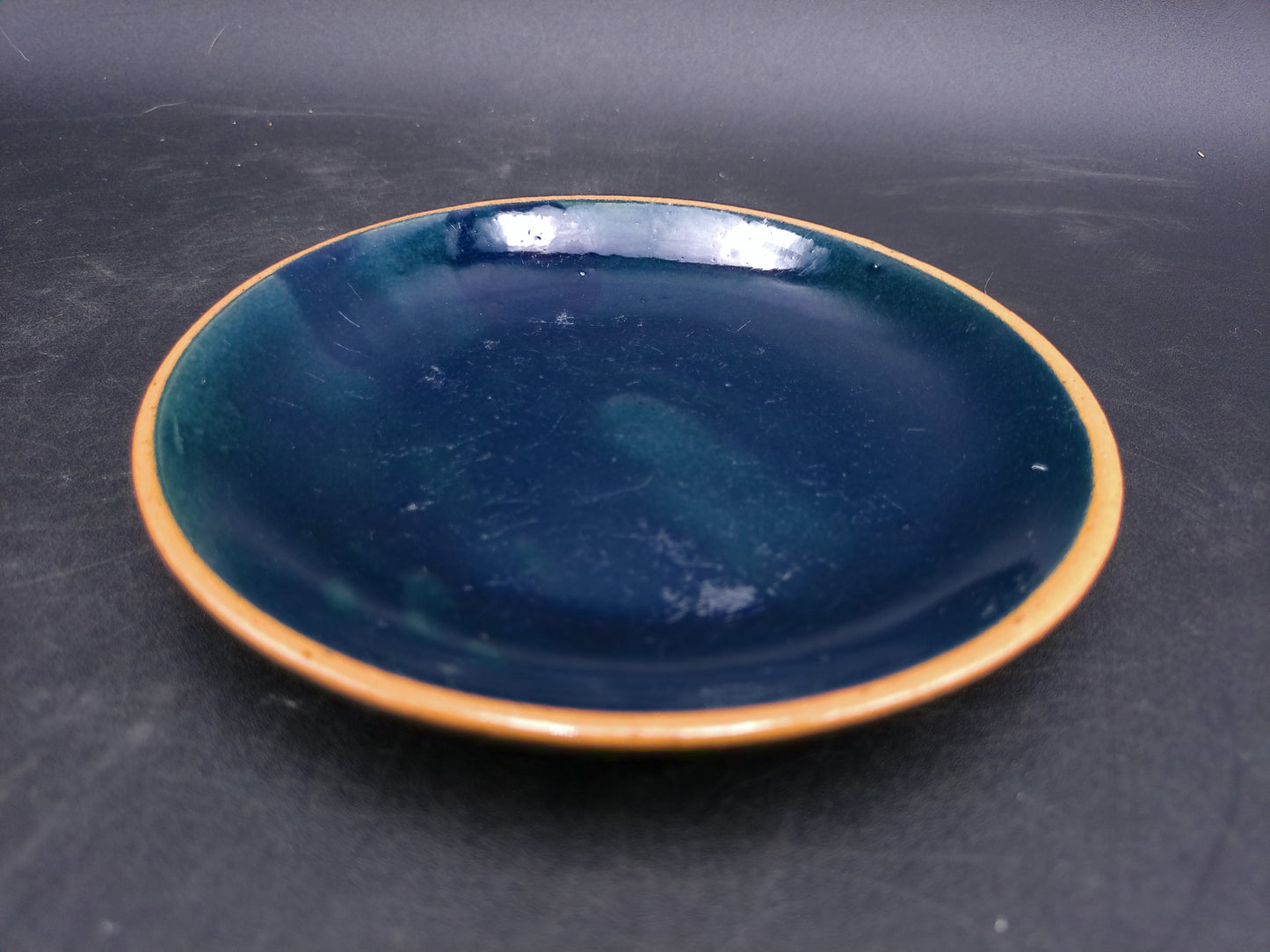 Pottery Juice Berry Blue and Orange Yellow Rim Salad Plate Set of 4 Vintage