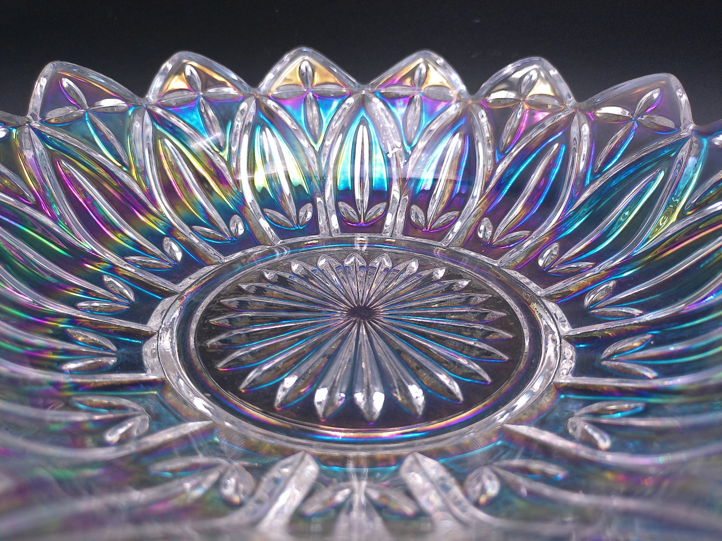 Iridescent Federal Glass Serving Bowl Carnival Glass Etched Scalloped Edge