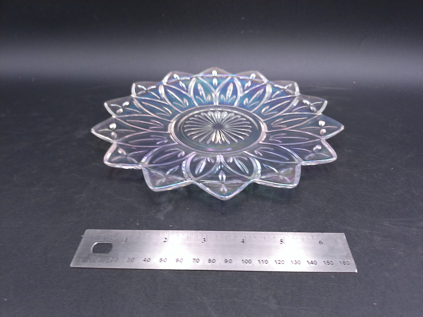 Iridescent Glass Serving Bowl Carnival Glass Etched Flower Edge Design