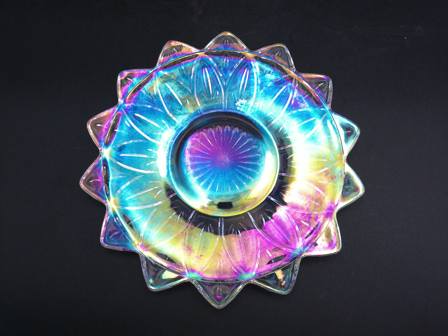 Iridescent Glass Serving Bowl Carnival Glass Etched Flower Edge Design