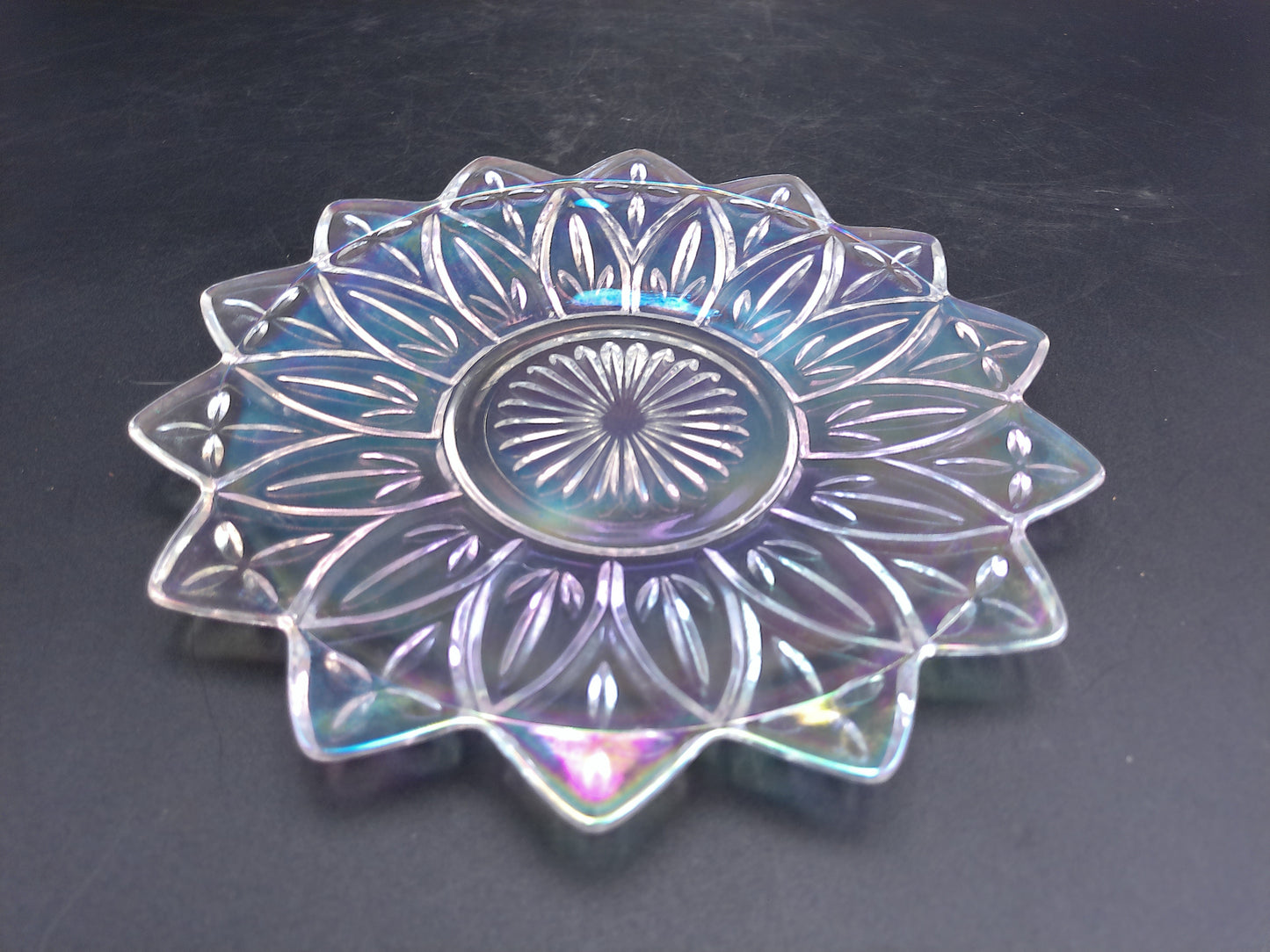 Iridescent Glass Serving Bowl Carnival Glass Etched Flower Edge Design