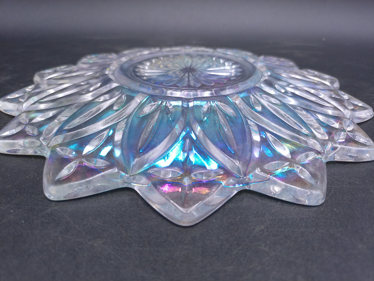 Iridescent Glass Serving Bowl Carnival Glass Etched Flower Edge Design