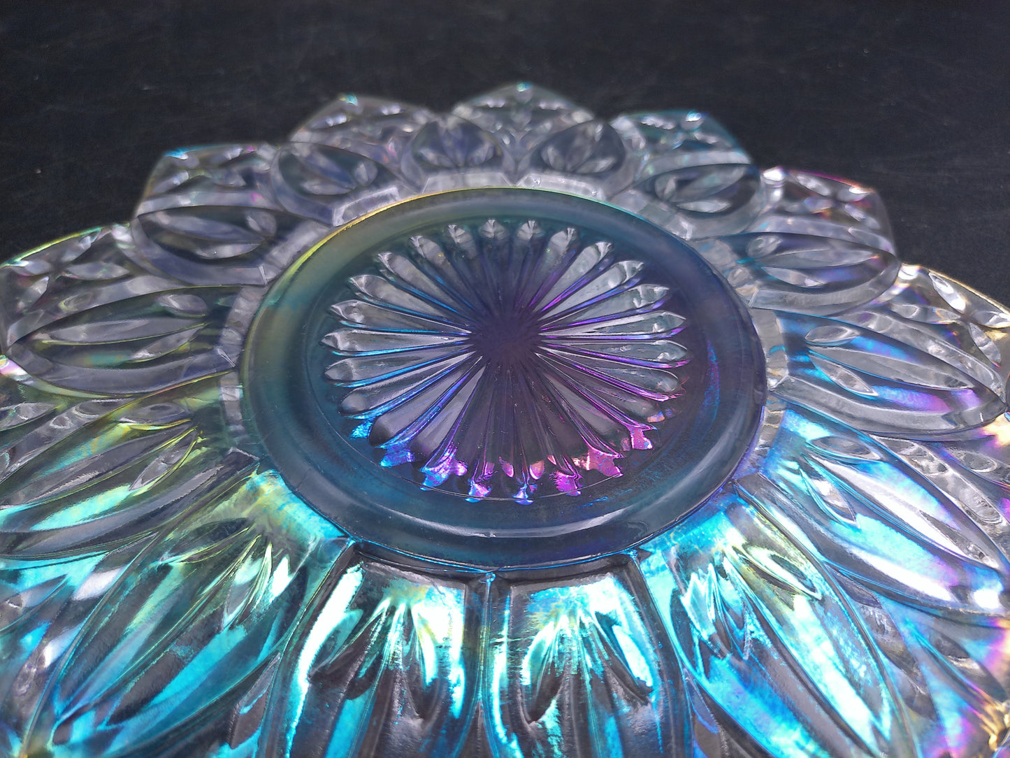 Iridescent Glass Serving Bowl Carnival Glass Etched Flower Edge Design