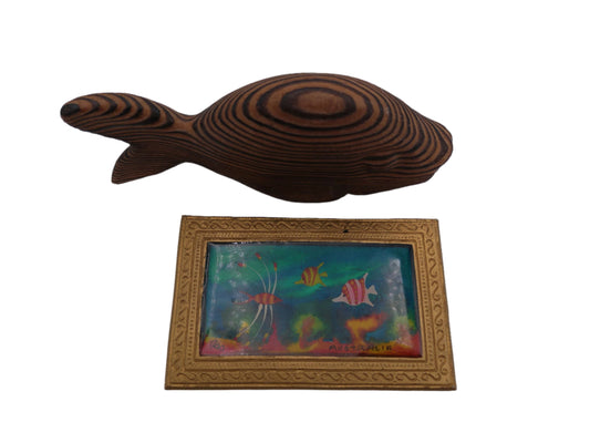Wooden Hand Craved Fish with bonus framed fish