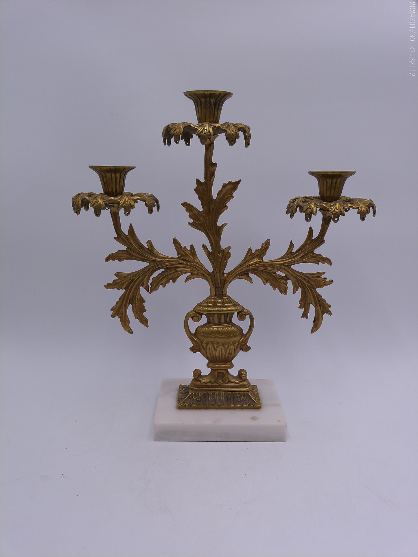 Antique Gilt Goddess Fortuna Triple Girandole Candelabra Candle Stand on Marble Base