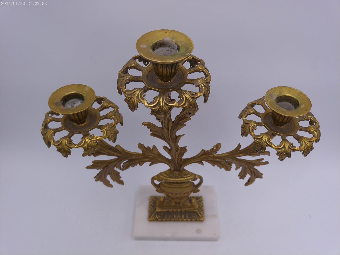 Antique Gilt Goddess Fortuna Triple Girandole Candelabra Candle Stand on Marble Base