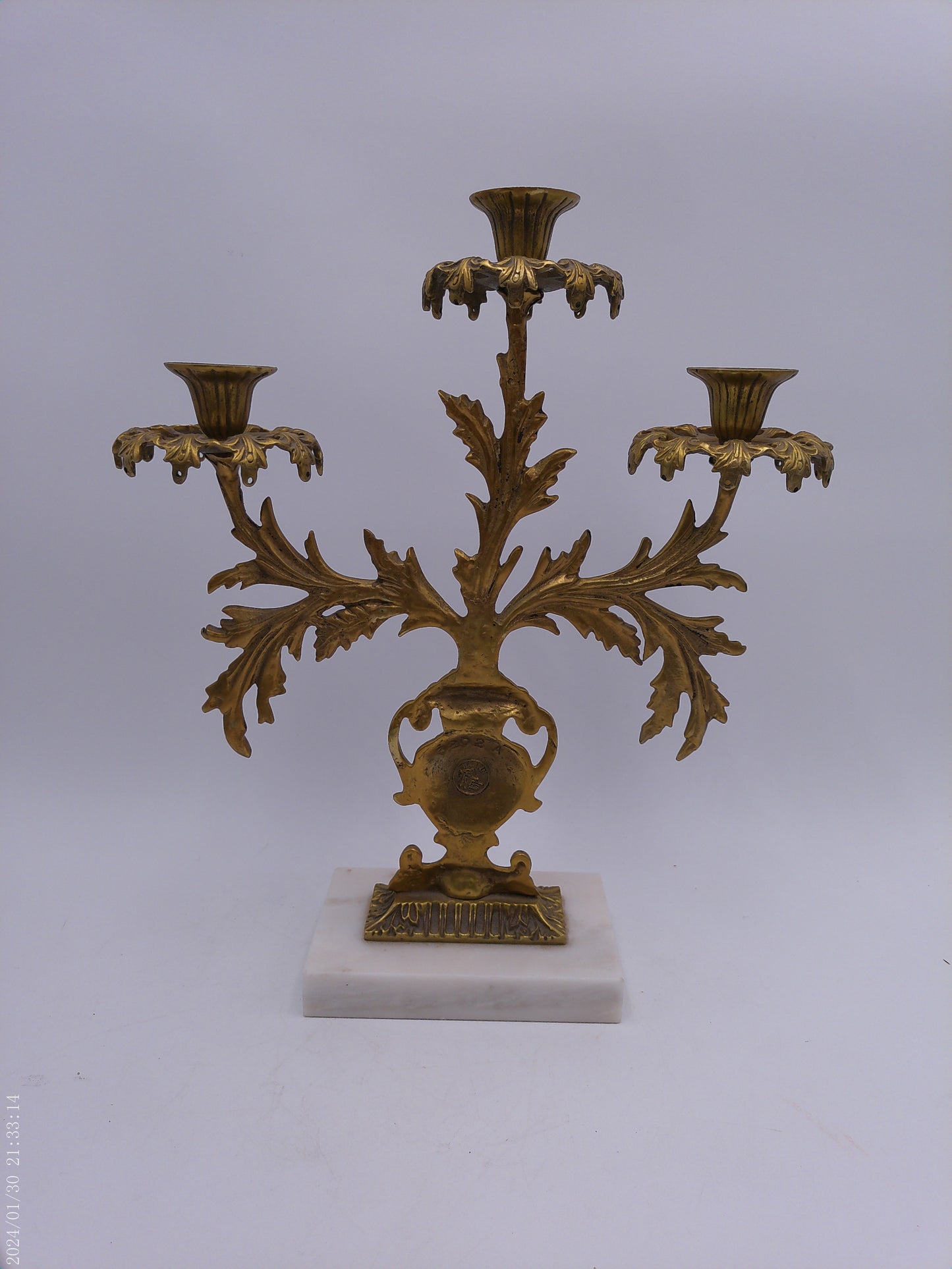 Antique Gilt Goddess Fortuna Triple Girandole Candelabra Candle Stand on Marble Base