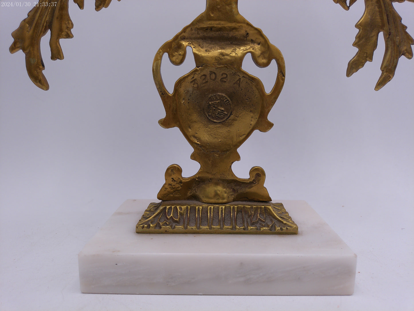 Antique Gilt Goddess Fortuna Triple Girandole Candelabra Candle Stand on Marble Base