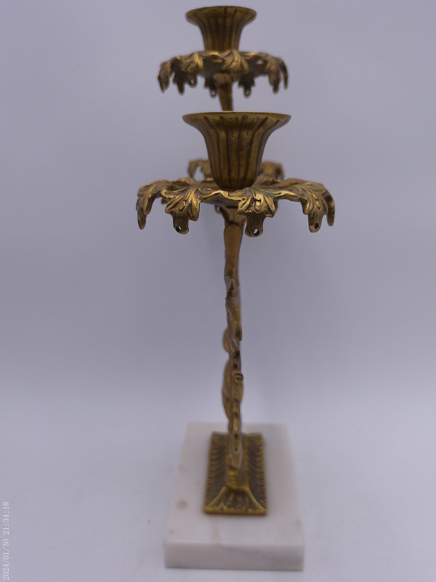 Antique Gilt Goddess Fortuna Triple Girandole Candelabra Candle Stand on Marble Base