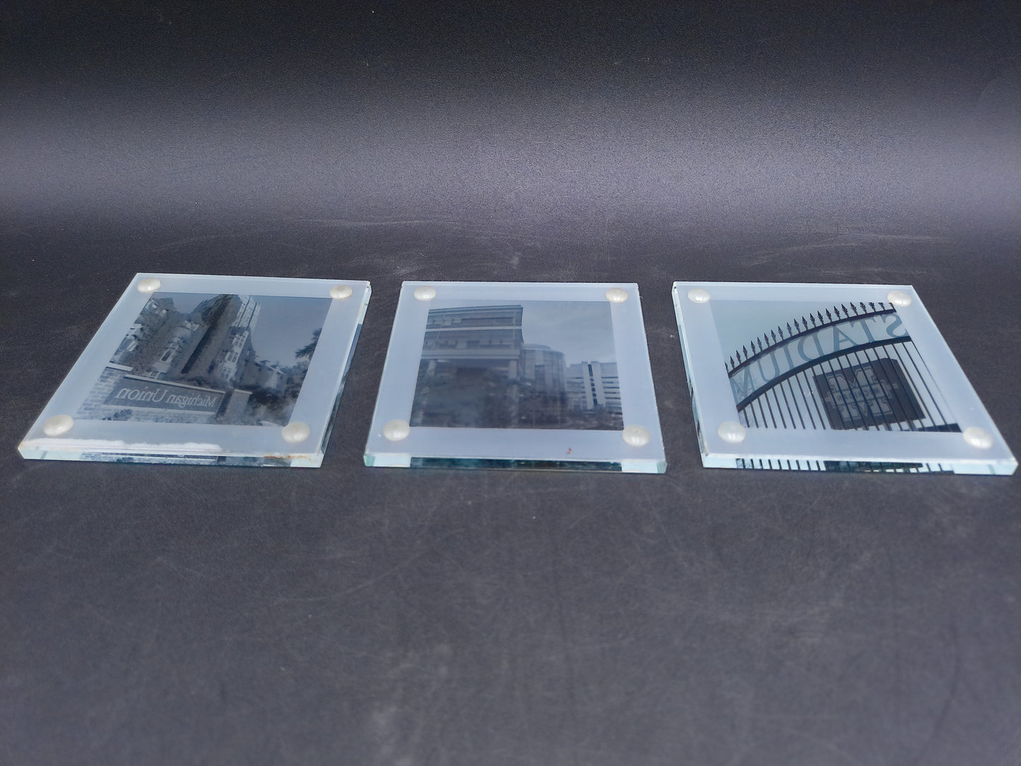U of M University of Michigan Locations on a Set of 3 Glass Drink Costers