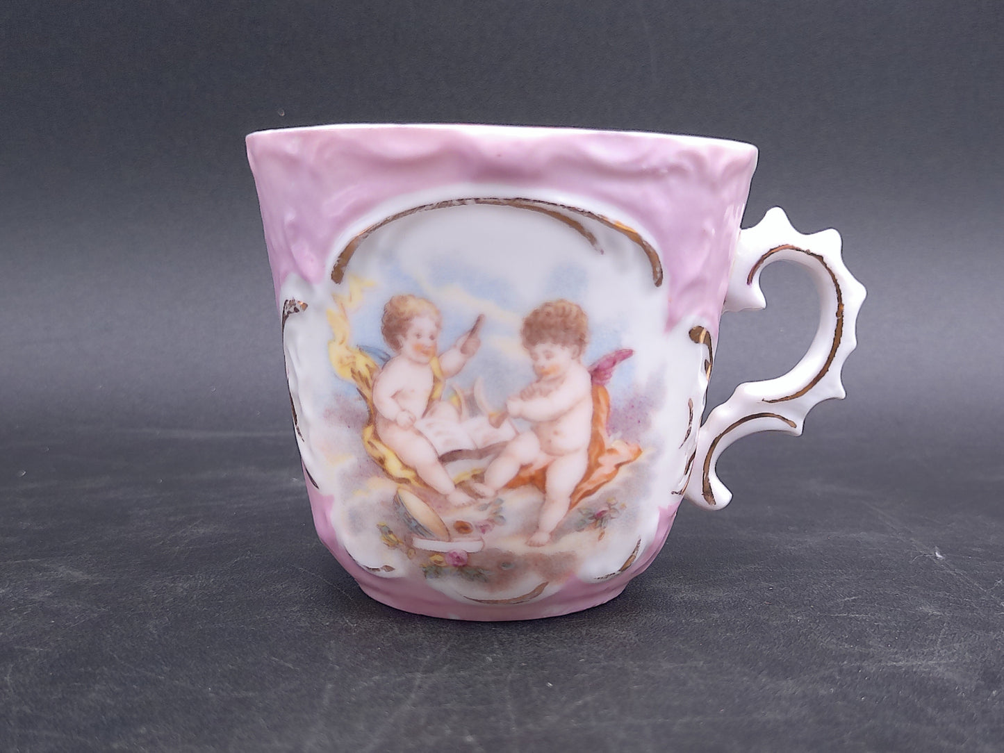 Tea Coffee Cup Beautiful Design Gold Plated Lines with Cute Cherubs From the 1950s