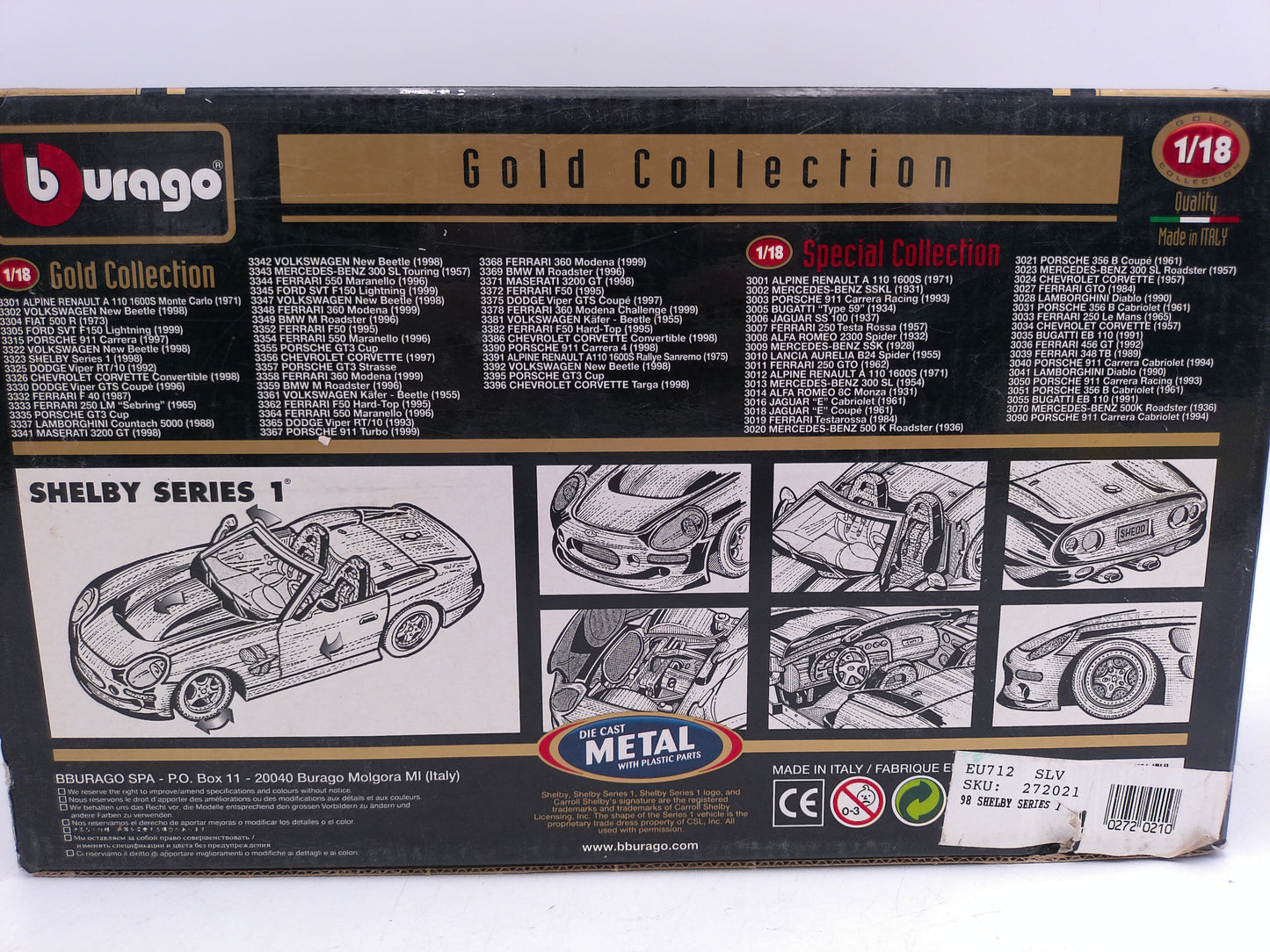 Burago 1/18 Scale Diecast 3323 Shelby Series 1 1999 Silver Red Model Car