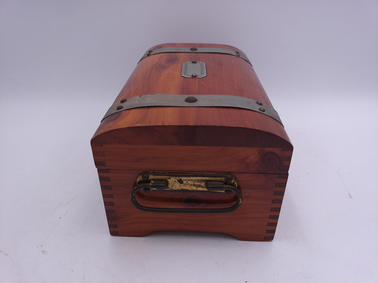 Cedar wood Jewelry pirate chest box copper straps keepsake lined mirrored