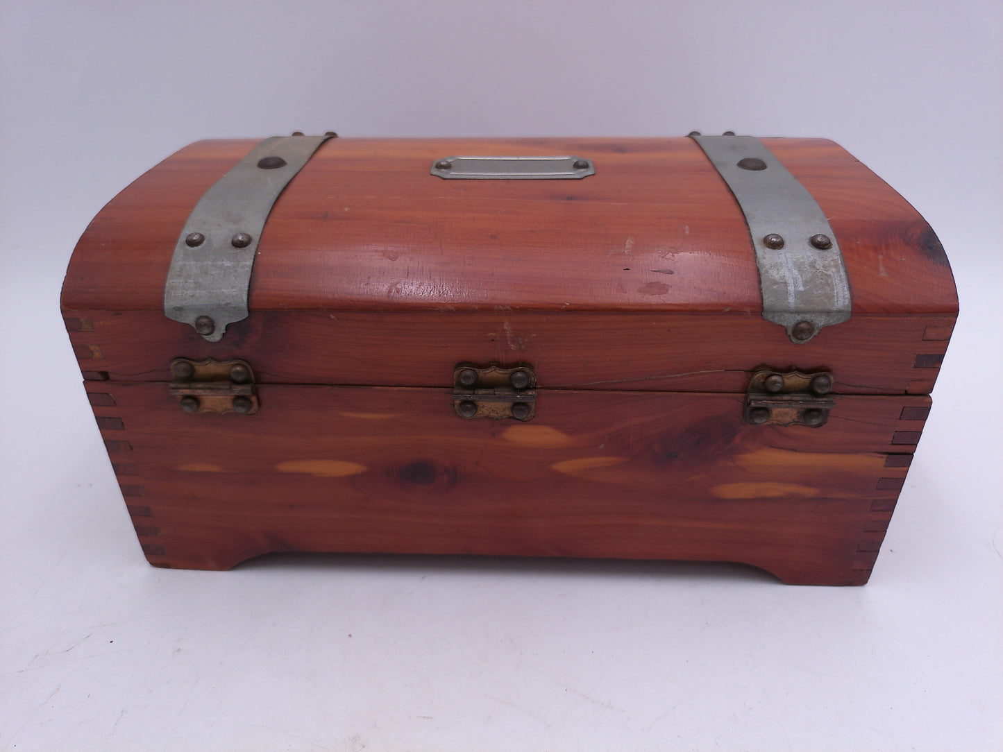 Cedar wood Jewelry pirate chest box copper straps keepsake lined mirrored