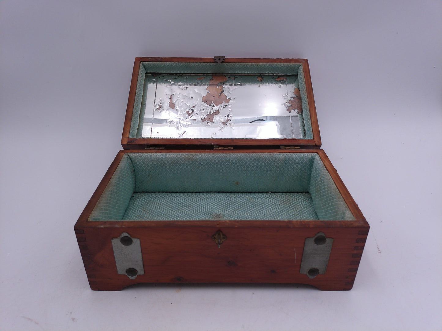 Cedar wood Jewelry pirate chest box copper straps keepsake lined mirrored