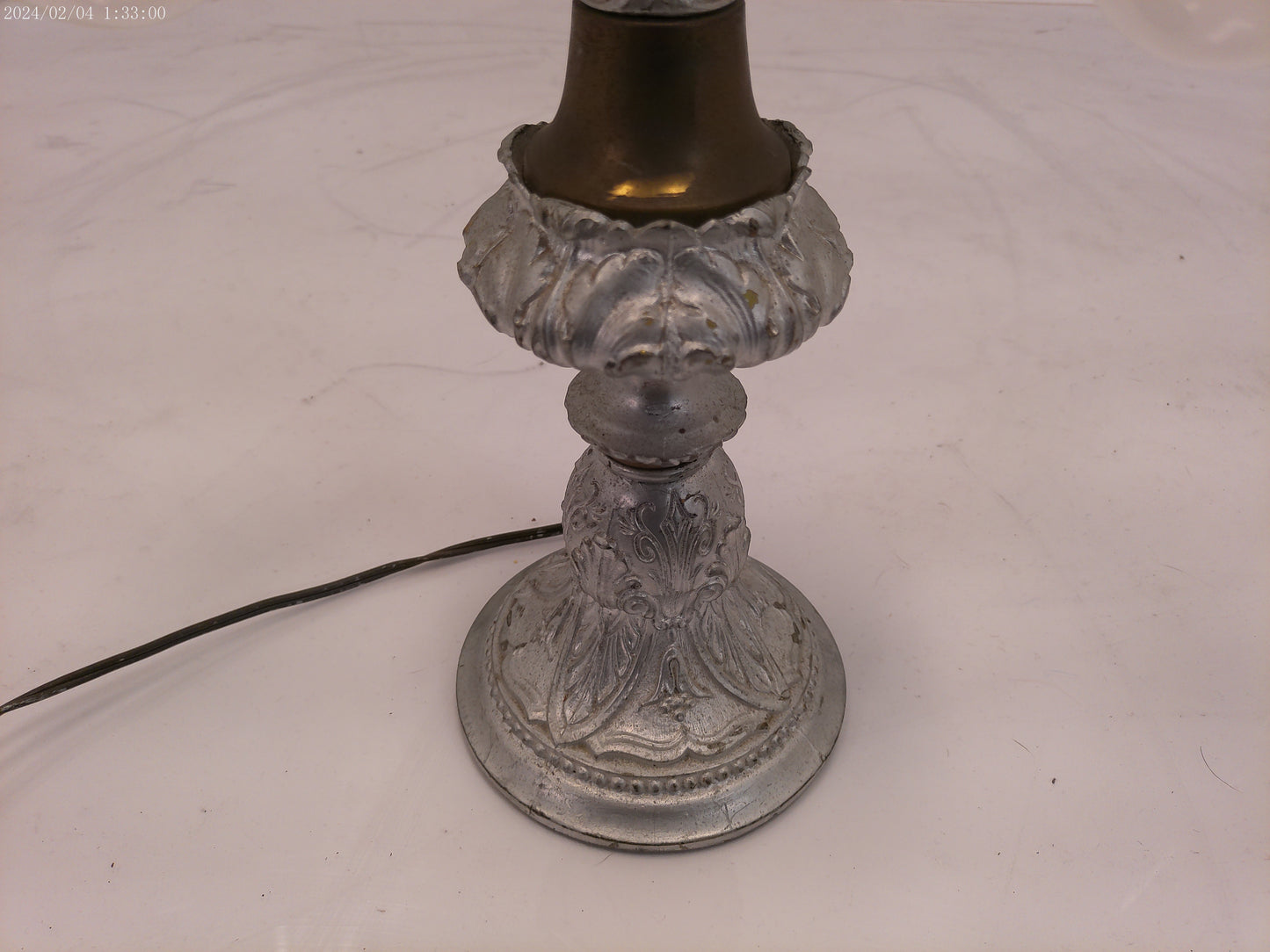 Pewter Colored Patina, Unusual Panels, Intricate Detail Lamp