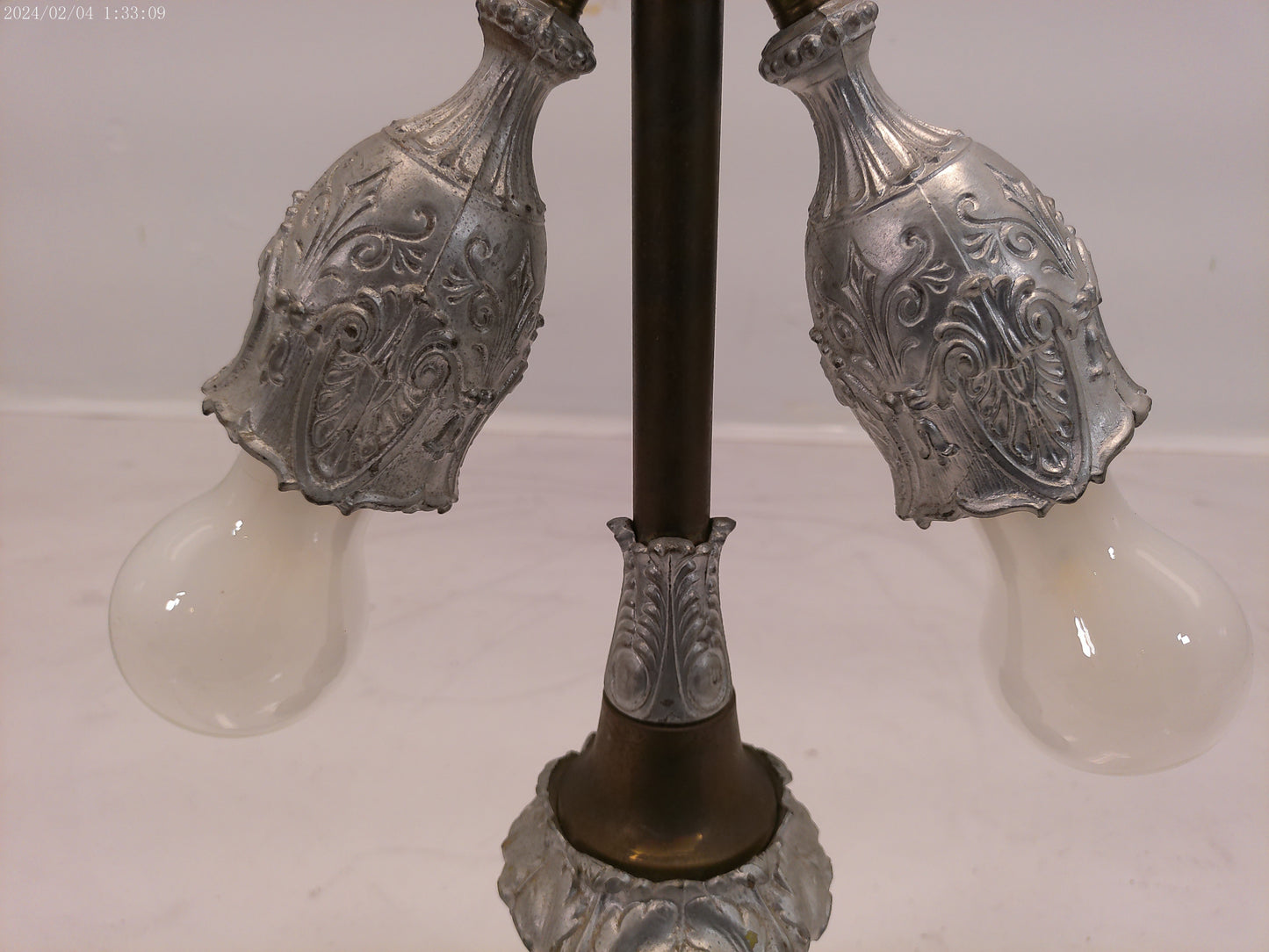 Pewter Colored Patina, Unusual Panels, Intricate Detail Lamp