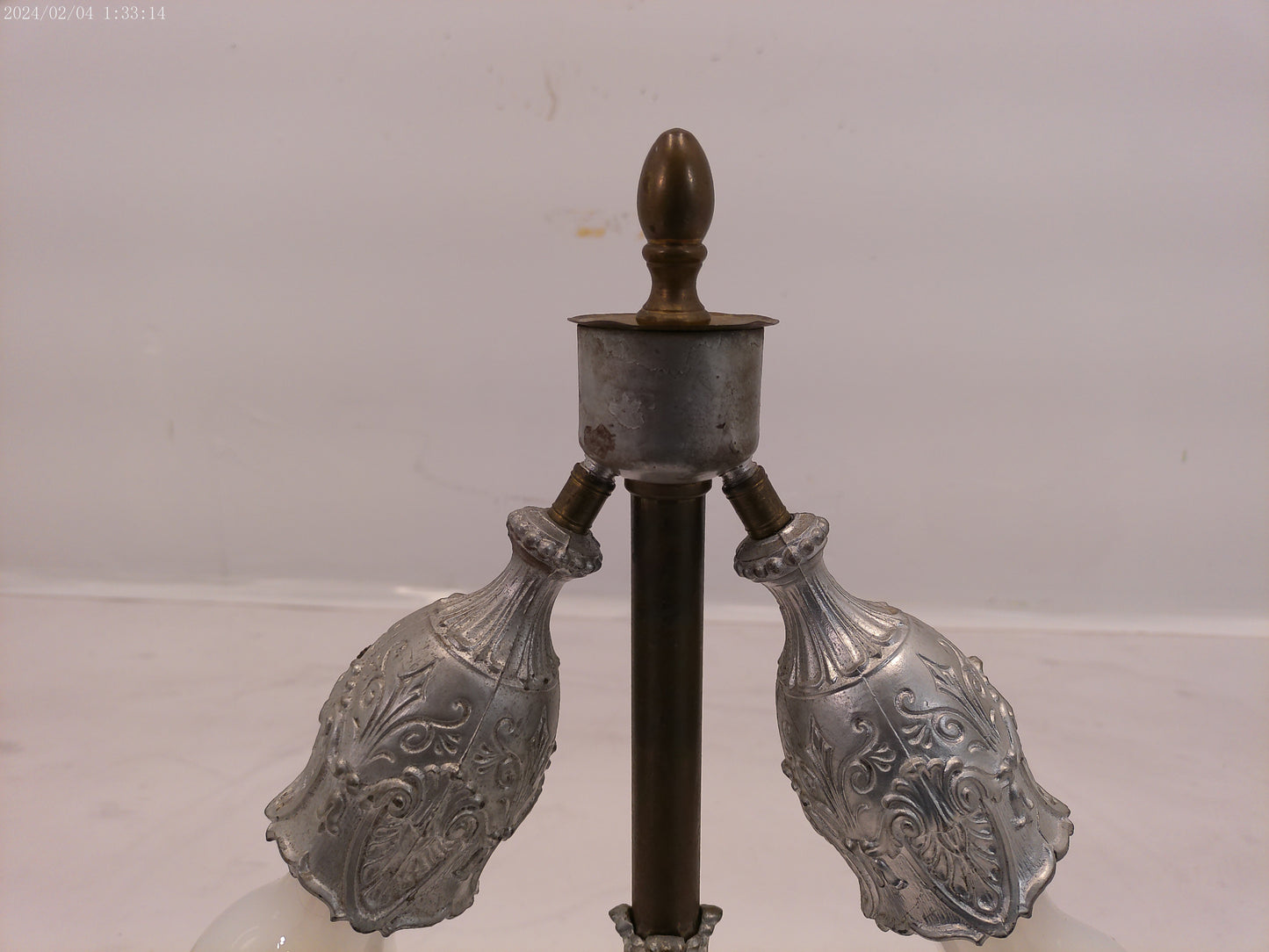 Pewter Colored Patina, Unusual Panels, Intricate Detail Lamp