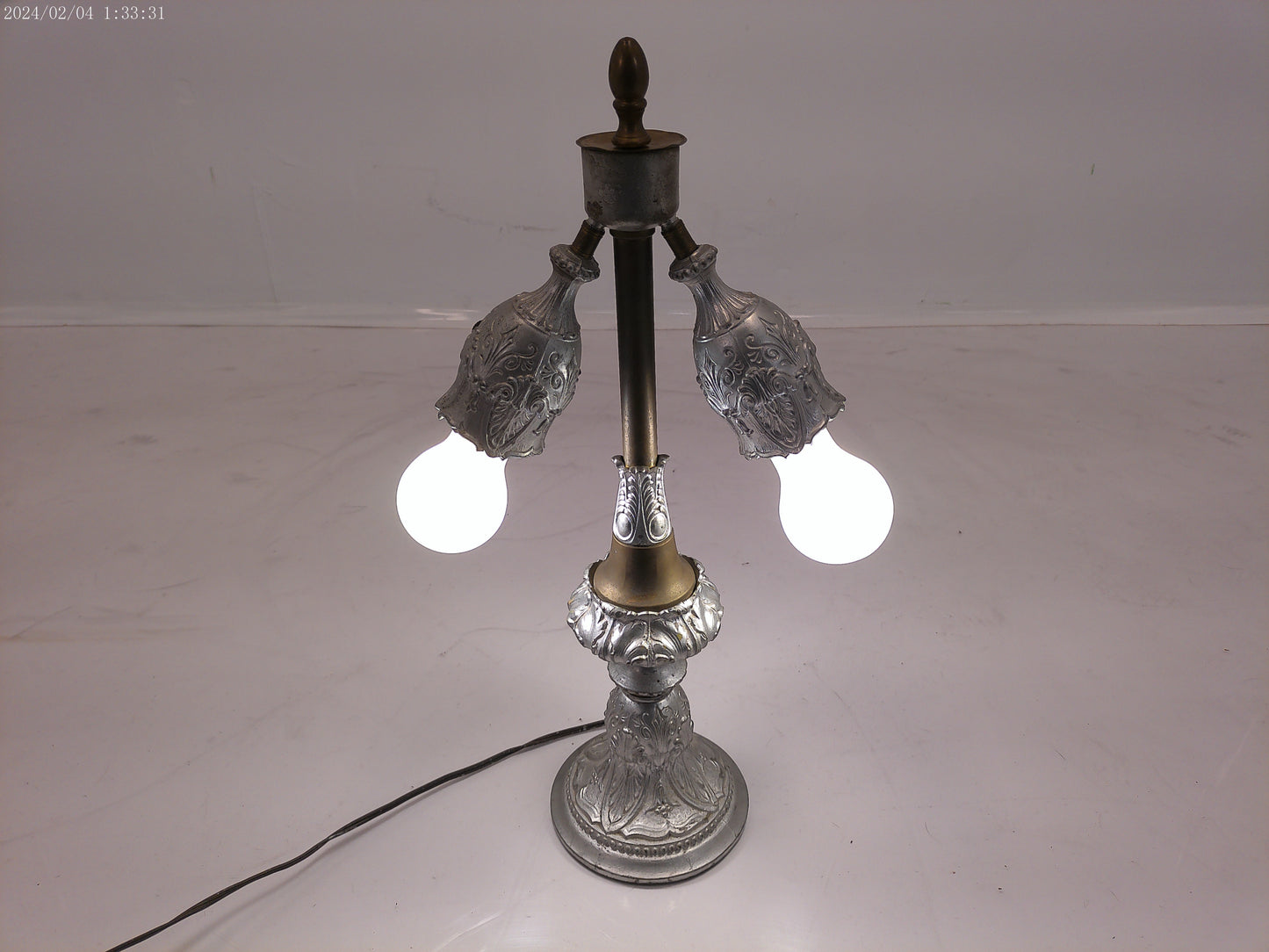 Pewter Colored Patina, Unusual Panels, Intricate Detail Lamp